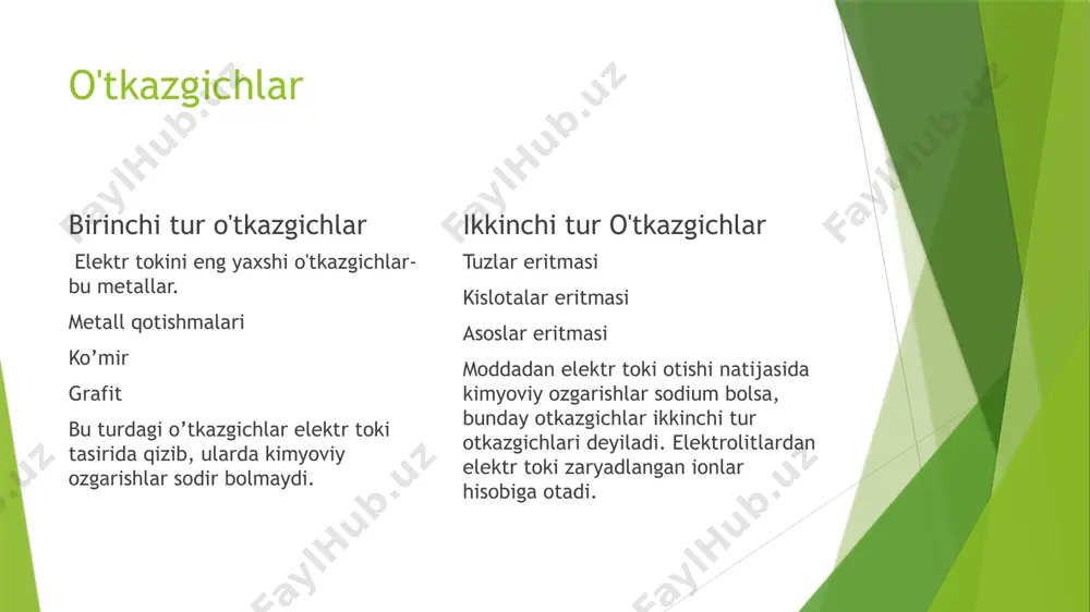 iyasi elektorkimyoviy jarayonlarni nazorat kislotalik-ishqorlik darajasini aniqlashda qo`llaniladi qilishda qo`llaniladi o`lchashda ishlatiladi i diffuziya potensiali diffuziya potensiali- konsentratsiyasi bilan farq qilgan ikki eritmaning chegarasida hosil boladi. tez harakatlanuvchi vodorod ionlari yuqori konsentratsiyali eritmadan kichik konsentratsiyali eritmaga o’ta boshlaydi. kichik konsentratsiyali eritma musbat, yuqori konsentratsiyali eritma manfiy zaryadlanib muvozanat qaror topganda ikki eritma chegarasida potensiallar ayirmasi hosil boladi va u diffuziya potensiali deyiladi. membrana potensiali membrana potensiali- membrananing ikki tarafida ionlar konsentratsiyasining farqi hisobiga hosil boladigan potensial. odam organizmidagi biological jarayonlar turning xil elektr kimyoviy hodisalar bilan bogliq. hujayra atrof muhit chegarasida har doim potensiallar ayirmasi mavjud. u tinch holat potensiali deyiladi. hujayra ichida kaliy ionlari koproq va natrium ionlari kamroq boladi. hujayradan tashqarida bunga teskari holat boladi. hujayra membranasi orqali faqat kaliy ionlari otib membrana tashqarisida musbat, ichkarisida esa manfiy zaryad hosil boladi. galvanik elementlar galvanik elementlar oksidlanish-qaytarilish reaksiyalarining kimyoviy energiyasini elektr energiyaga aylantiradigan qurilmalardir. oksidlanish- qaytarilish reaksiyalarini ayrim-ayrim qismlarda …