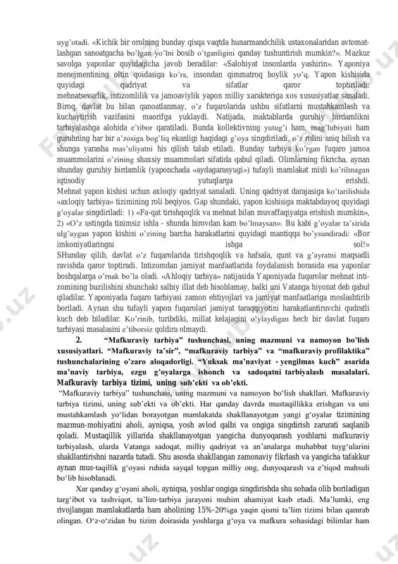bilan o‘tkazilishini ta‘minlash; 2) milliy g‘oyaningtarg‘ibot sifatini muntazam oshirib borish; 3) davr talablaridan kelib chiqqan holda mafkuraviy ishlarni tashkil etishning yangi, samarali yo‘larini izlash; 4) bu sohada eski uslublarning mutlaqlashtirilishiga, andozalash- tirishga yo‘l qo‘ymaiga, andozalash-tirishga yo‘l qo‘yma tashkil etishda ijtimoiy muhitni hisobga olish; 5) mafkuraviy jarayonlarni tashkil etishda uchraydigan rasmiyatchilik va majlisbozlik ko‘rinishlariga barham berish; 6) mafkuraviy faoliyatning qanchalik samarali olib borilayotganini bilish maqsadida uning monitoringini tashkil etish. milliy g‘oya, mafkuraning targ‘ibot-tashviqotini tashkil etishda quyidagi tashkiliy tamoyillarga amal qilish maqsadga muvofiq: 1. uzluksizlik (milliy mafkurani yoshlarga singdirib borishni beshikdan boshlash kerak, sodda shaklda). 2. keng qamrovlilik (jamiyat barcha a‘zolariga g‘oyalar xilma-xilligi asosida mafkurani singdirish) 3. bosqichma-bosqichlilik (oila-bog‘cha-maktab-kollej, litsey, oliy o‘quv yurtlari asosida). 4. ketma-ketlik (har bir bosqich uchun insonga xizmat qiladigan qadriyatlar asosida) 5. faollik (ko‘proq interaktiv usullardan foydalanish). 6. ish bilan so‘z birligi (nazariya va amaliyot birligi). 7. shaxsiy ibrat (targ‘ibot qiluvchining o‘zi shaxsiy hayotda ibrat bo‘lishi). 8. hayotiylik …
