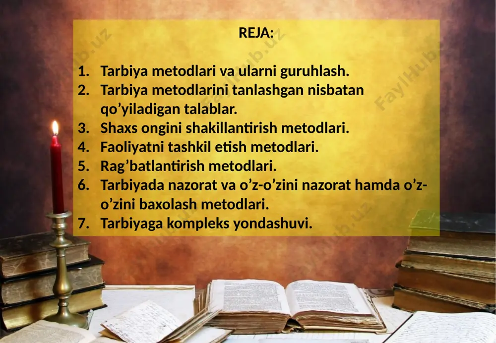 shart-sharoitlariga mos ravishda o‘zining xususiy qarashlarini ifoda etish asosida umumiy metodikani boyitadi.metodning ijobiy va salbiysi bo‘lmaydi, tarbiya jarayonida ma’lum yo‘lni yuqori darajadagi samarali va samarasiz deya baholash mumkin emas. metodning samaradorligini u qo‘llanilayotgan sharoit nuqati nazaridan baholash mumkin. tarbiya metodlarini to‘g‘ri tanlash bir qator omillarga bog‘liq.tarbiyaning maqsad va vazifalari. tarbiya maqsadi va mazmuni metodlarni to‘g‘ri tanlashga imkon beradi. o’zbekiston respublikasining «kadrlar tayyorlash milliy dasturi»da: «yosh avlodni ma’naviy-axloqiy tarbiyalashda xalqning milliy, madaniy anhanalariga, urf-odatlari hamda umumbashariy qadriyatlariga asoslangan samarali tashkiliy, pedagogik shakl va vositalar ishlab chiqilib, amaliyotga joriy etiladi», deyilgan. yuqoridagi fikrlardan kelib chiqib, hozirgi kunda shaxs tarbiyasini muvaffaqiyatli, zamon talabi darajasida amalga oshirish va boshqarishni tahminlovchi samarali metodlarni va vositalarni ishlab chiqish hamda ulardan foydalanish imkoniyatlari masalasi pedagog olimlar va mutaxassislar oldida turgan muhim vazifalar hisoblanadi. pedagogikada tarbiya metodlari masalasi tarbiya jarayonining murakkab va, shu bilan birga, muhim komponentlaridan sanaladi. tarbiya metodlari umumiy mahnoda jamiyat qo’ygan tarbiyaning maqsadlarini va tarbiya …