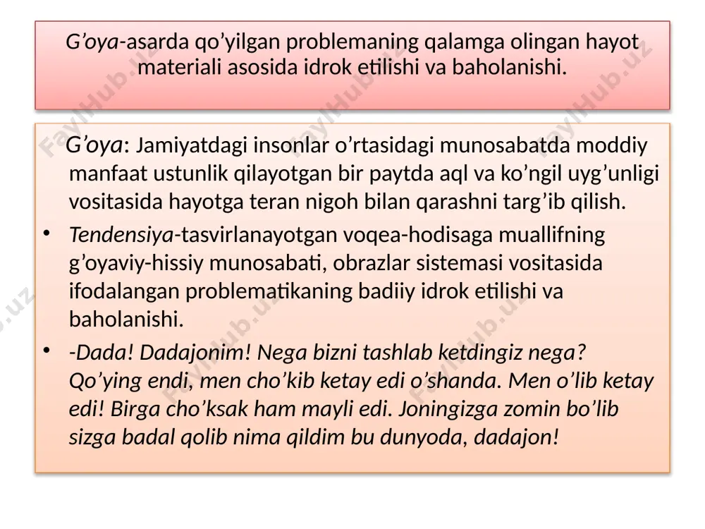 zabarjad va jamiyatdagi muhit. ichki psixologik konflikt:men o’lib ketay edi. birga o’lsak ham mayli edi. joningizga zomin bo’lib, sizga badal qolib men nima qildim , dadajon! shuncha yildan beri bu kasofatingizni nega yer yutmaydi, dada?! so’z qo’llashda normadan og’ishlar fonetik: ji-iim o’tirsayam, gapirmasayam, yonidan ketging kelmaydi. hayvo-on! direktor bo’lsang o’zingga! leksik sathdan og’ishlar: toje mne! deb jahl qiladi-ya. yoshi ham bor “diplomat” xulosa muallif bejiz asar qahramoniga zabarjad ya’ni qimmatbaho tosh deb nom qo’ymagan. zabarjad bir qarashda o’jar, shaddod ko’rinsa ham o’z manfaati uchun nomusini sotmaydi.o’z qat’iy fikriga ega bo’lgan obraz. o’z g’ururini saqlab qoladi. zabarjad uchun atrofdagilarning u haqidagi fikrlari muhim emas. eng muhimi , u ichki axloqini saqlab qolgan. xulosa qilib aytganda, insonning tashqi ko’rinishi emas ko’ngil ko’zi ochiq bo’lishi kerak. image1.jpeg