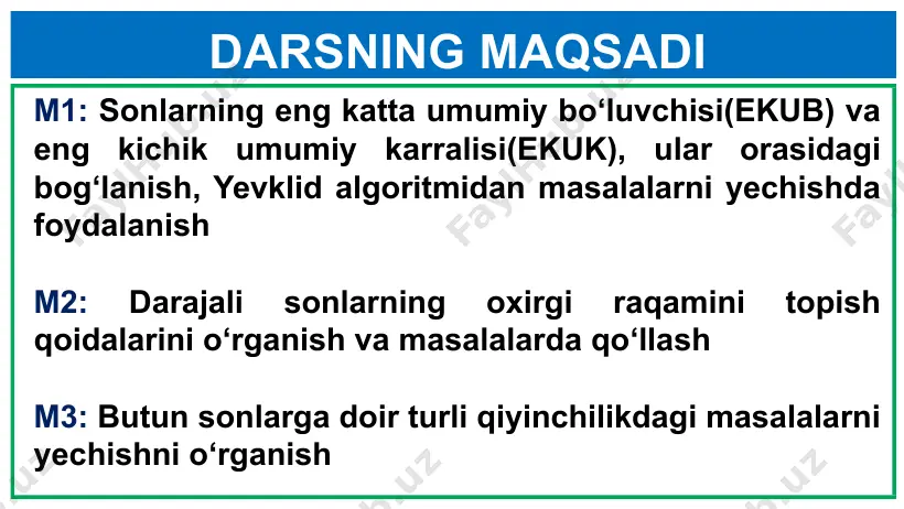 a bo‘lganda 4 qoldiq va 5 ga bo‘lganda 3 qoldiq qoladigan eng kichik natural sonni toping ekuk yechish: eng kichik son so‘ralgani uchun ekuk(6;5) = 30 ni topib olamiz. ikkala bo‘lishda ham qoldiq bo‘luvchidan 2 ta kam bo‘lgani uchun biz izlayotgan son 30-2=28 bo‘ladi yechish: kitoblarning eng kam soni so‘ralgani uchun ekuk(2,3,5,7) = 210 ekanidan mohinurning kitoblari soni kamida 210+1 = 211 ta bo‘lishi mumkin. b) mohinur kitoblarini javonga 2 tadan, 3 tadan, 5 tadan va 7 tadan joylaganda ham 1 ta kitob ortib qolaverdi. mohinurda eng kamida nechta kitob bo‘lishi mumkin? 5-masala ekub va ekuk → xossa: tenglik o‘rinli 7-masala agar va 36 sonlarining ekubi 12 ga, ekuki 144 ga teng bo‘lsa, ni toping yuqoridagi xossadan osongina topish mumkin 6-masala ko‘paytmani toping ekub(12;15) = 3 va ekuk(12;15) = 60 ekanini topish oson. u holda ko‘paytma ga teng bo‘ladi. boshqa tomondan bo‘lib, bundan quyidagi xossani yozish mumkin: o‘zaro tub son, …