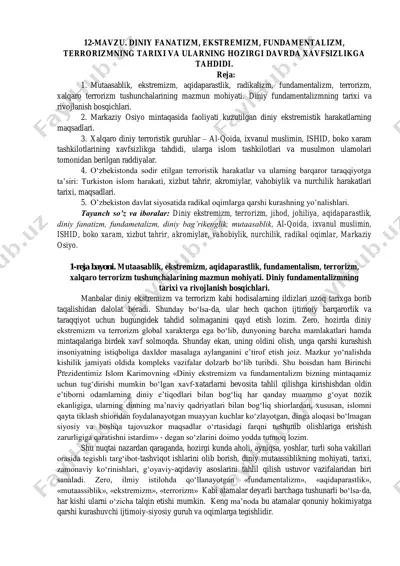 diniy fanatizm, ekstremizm, fundamentalizm, terrorizmning tarixi — PDF