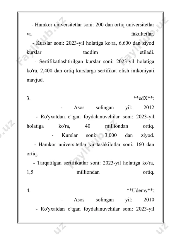 yiha va dasturlarda ishtirok etmoqda. ushbu ma’lumotlar ta'limdagi interaktiv o‘quv materiallarining keng tarqalganligi va ularning ta’lim jarayonida qanday ta’sir ko‘rsatayotganligini aks ettiradi. interaktiv o‘quv materiallari texnologik taraqqiyot bilan birga yanada rivojlanib boradi va kelajakda ham ta’lim sohasidagi muhim yo‘nalishlardan biri bo‘lmoqda. 3. masofaviy ta'limning afzalliklari masofaviy ta'lim - bu zamonaviy texnologiyalar yordamida o‘qituvchi va o‘quvchilarning bir joyda bo‘lmagan holda ta’lim olish jarayoni. masofaviy ta'limning ko‘plab afzalliklari bor. shulardan eng ahamiyatli bo‘lganlarini ko‘rib chiqamiz. 1. **harajatlarni tejash**: masofaviy ta'lim an'anaviy ta'lim bilan solishtirganda kamroq moliyaviy resurslarni talab qiladi. talabalar uyida yoki boshqa qulay joyda o‘qish imkoniyatiga ega bo‘lgani uchun transport, yotoq va oshxona xarajatlari yo‘q bo‘ladi. statistik ma'lumotlarga ko‘ra, masofaviy ta'lim bilan shug‘ullangan talabalar kamida 30% xarajatlarni tejashlari mumkin. 2. **hududiy cheklanishlarning yo‘qligi**: masofaviy ta'lim internet orqali amalga oshirilgani uchun talabalar geografik joylashuvdan qat’i nazar bilim olish imkoniga ega. toshkentdek yirik shahar yoki qoraqalpog‘istonning chekka hududida yashayotgan o‘quvchilar o‘rtasidagi imkoniyatlar farqi …