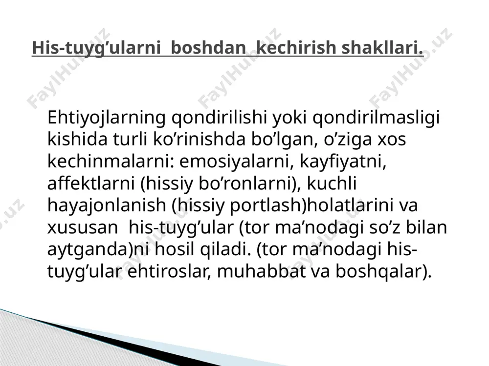 ruhan astoydil tushkunlikka berilgan va xavotirlangan tarzda, yoxud affektiv holatga tushgan tarzda (dahshatli qo’rquv hissiyotning eng so’nggi turidir) kechishi mumkin. uyalish- o’zining niyat maqsadlari, hatti-harakatlari va tashqi qiyofasi faqat tevarak -atrofidagilar tomonidan kutilganiga mos kelmaganligini emas, balki o’ziga loyiq xulq-atvor va tashqi qiyofa haqidagi shaxsiy tasavvurlarga ham mos kelmayotganligini anglab yetishida ifodalangan salbiy holatdir. psixologiyada his-tuyg’ular ma’naviy- axloqiy his-tuyg’ular o’z mazmuniga ko’ra, kishining kishiga va kengroq ma’noda olganda, jamiyatga munosabatini bildiradi.ma’naviy his-tuyg’ularga muhabbat, hamdardlik, xayrixohlik, insonparvarlik, sadoqat va hokazolar kiradi. intellektual his-tuyg’ular shaxsning bilish jarayoniga, uning yutuq va muvaffaqiyatsizlikka munosabatini ifodalaydi va aks ettiradi. qiziqish, g’azablanish, qiziquvchanlik, shubhalanish, kashf etganidan shodlanish, haqiqatga ishtiyoqmandlik va hokazolar intellektual his-tuyg’ular qatoriga kiradi. estetik his-tuyg’ular subyektning hayotida yuz beradigan turli xildagi narsalarga va ularning san’atda aks ettirilishiga nisbatan allaqanday ajoyib yoki bema’ni, fojiaviy yoki kulgili, olijanob yoki jirkanchli, nafosatli yoki xunuk narsa sifatida munosabatini aks ettiradi va ifodalaydi. hissiyotning fiziologik asoslari. emosional kechinmalar vaqtida …