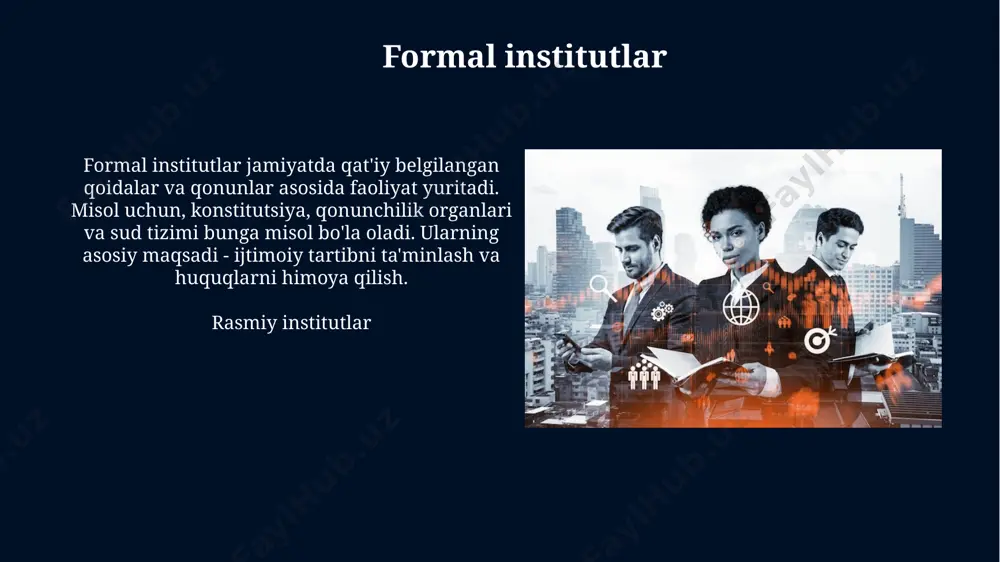 a fuqarolik jamiyati institutlari muhim rol o'ynaydi. ushbu institutlar korruptsiya holatlarini fosh etadi va mas'ullarni javobgarlikka tortish uchun nazorat va muvozanat vazifasini bajaradi. korruptsiya ko'pincha qonun ustuvorligi zaif bo'lgan va javobgarlik mexanizmlari etarli bo'lmagan institutlarda gullab-yashnaydi. transparancy international'ning korrupsiyani qabul qilish indeksi (cpi) shuni ko'rsatadiki, past ko'rsatkichga ega mamlakatlar korruptsiya darajasi yuqori. institutsional o'zgarishlar institutsional o'zgarishlar ko'pincha iqtisodiy o'sishga bevosita ta'sir qiladi, masalan, mulk huquqlarining mustahkamlanishi 5% ga investitsiyalarni oshirishi va 2% ga yaimni o'sishiga olib kelishi mumkin. institutsional o'zgarishlar deganda, jamiyatda qabul qilingan qoidalarning evolyutsiyasi tushuniladi, bu 19-asrdagi ijtimoiy shartnomalardan, 20-asr texnologik inqiloblarigacha bo'lgan vaqt oralig'ini o'z ichiga oladi. norasmiy institutlar norasmiy institutlar rasmiy institutlar bilan taqqoslaganda, sanktsiyalarning kuchliligi bo'yicha farqlanadi, odatda 1-chi darajali sanktsiyalar norozilik bildirish kabi bo'lsa, 2-chi darajali sanktsiyalar chetlashtirish bo'lishi mumkin. norasmiy institutlar siyosiy institutlar va boshqaruv prezidentlik instituti davlat boshlig'i sifatida siyosiy barqarorlikni ta'minlashda muhim rol o'ynaydi. u 5 yil muddatga saylanadi va konstitutsiyaga …