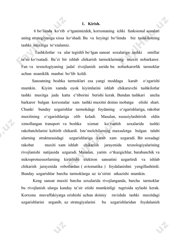 yat va xavflarni aniklab, tegishli choralarini amalga oshirishlari talab kilinadi. bu bulimda biz muxitdagi uzgarishlar va ularning tashkilotlarga ta’sirini ko‘rib chikamiz. tashki muxit omillari turli- tuman bo‘lganligi sababli, taxlil uchun "murakkab" tizim kabul kilinadi. bu bo‘lim uchun taxlilning keng tarkalgan ko‘rinishi pest ishlatiladi. ( siit ) siyosiy o‘zgarishlar iktisodiy o‘zgarishlar ijtimoiy o‘zgarishlar texnologik o‘zgarishlar tashkilotga bugungi kunda va kelajakda ta’sir ko‘rsatuvchi asosiy omillarni aniklash muxim, kuyida keltirilgan guruxlashtirish esa unchalik muxim emas. 2. siyosiy o‘zgarishlar. "siyosiy" termin ushbu kontekstda juda keng tushuncha sifatida ishlatiladi. milliy darajada u boshkarish siyosati va konunchilik faoliyatidagi o‘zgarishlarini kamrab oladi. xalkaro darajada esa, savdo va investitsiya imkoniyatlarining vujudga kelishi yeki yo‘kotishga ta’sir kursatuvchi siyesiy vokealarni inobatga olamiz. biz ana shu o‘zgarishlarning ba’zilarini va ularning anik tashkilotlarga kanday ta’sir ko‘rsatganligini ko‘rib chikamiz: goyaviy o‘zgarishlar . siyosiy boshkaruv goyalarining o‘zgarishi oxirgi 10 yil ichida buyuk britaniya va boshka bir kancha davlatlarda eng muxim o‘zgarishlardan biriga aylandi. bu …