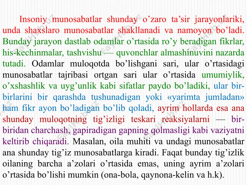 amiz. bu kabi birlamchi kontakt usullari boshqa millat va xalqlarda ham bor, ya’ni bu jihat milliy o’ziga xoslikka ega. uning ikkinchi muhim funksiyasi sosial tajribaga asos solishdir. odam bolasi faqat odamlar davrasida sosiallashadi, o’ziga zarur insoniy xususiyatlarni shakllantiradi. odam bolasining yirtqich hayvonlar tomonidan o’g’rilanib ketilishi, so’ng ma’lum muddatdan keyin yana odamlar orasida paydo bo’lishi faktlari shuni ko’rsatganki, «mauglilar» biologik mavjudot sifatida rivojlanaveradi, lekin sosiallashuvda ortda qolib ketadi. bundan tashqari, bunday holat boladagi bilish qobiliyatlarini ham cheklashi ko’plab psixologik eksperimentlarda o’z isbotini topdi. muloqotning yana bir muhim vazifasi — u odamni u yoki bu faoliyatga hozirlaydi, ruhlantiradi. odamlar guruhidan uzoqlashgan, ular nazaridan qolgan odamning qo’li ishga ham bormaydi, borsa ham jamiyatga emas, balki faqat o’zigagina manfaat keltiradigan ishlarni qilishi mumkin. masalan, ko’plab tadqiqotlarda izolyasiya, ya’ni odamni yolg’izlatib qo’yishning uning ruhiyatiga ta’siri o’rganilgan. masalan, uzoq vaqt termokamerada bo’lgan odamda idrok, tafakkur, xotira, hissiy holatlarning buzilishi qayd etilgan. lekin ataylab emas, taqdir taqozosi …