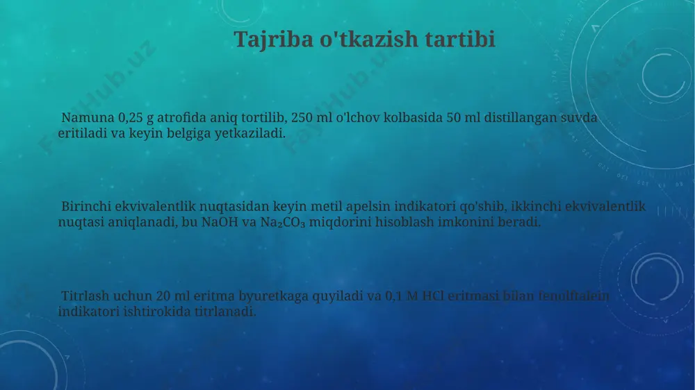 atriy karbonatning miqdorini aniqlashda muhim rol o'ynaydi, bu farq naoh ning miqdorini hisoblashga imkon beradi. xulosa naoh va na₂co₃ aralashmasidagi massani aniqlash uchun ikkita titrlash amalga oshiriladi, birinchisi fenolftalein indikatori bilan ph 8,3 ga yetguncha, ikkinchisi metil to'q sariq indikatori bilan ph 4,5 ga yetguncha. hisob-kitoblar natijasida 0,1 m hcl eritmasining sarflangan hajmi va molyar massalaridan foydalanib, naoh va na₂co₃ ning grammdagi miqdori aniqlanadi. tajriba xatoliklarini kamaytirish uchun har bir titrlash kamida uch marta takrorlanib, olingan natijalarning o'rtacha qiymati hisoblanadi va standart og'ish nisbati 0,1% dan oshmasligi kerak. natijalarni tahlil qilish olingan natijalarni ishonchliligini baholash uchun standart deviatsiya va nisbiy standart deviatsiya kabi statistik parametrlarni hisoblash va 95% ishonch oralig‘ini aniqlash zarur. naoh va na₂co₃ miqdorlarining aniq nisbatini aniqlash uchun titrlash natijalarini ikki bosqichli hisoblash usulini qo‘llash kerak, bunda birinchi ekvivalentlik nuqtasi ph ≈ 8,3 ga, ikkinchisi esa ph ≈ 4 ga to‘g‘ri keladi. titrlash jarayonida aniqlangan naoh va na₂co₃ …