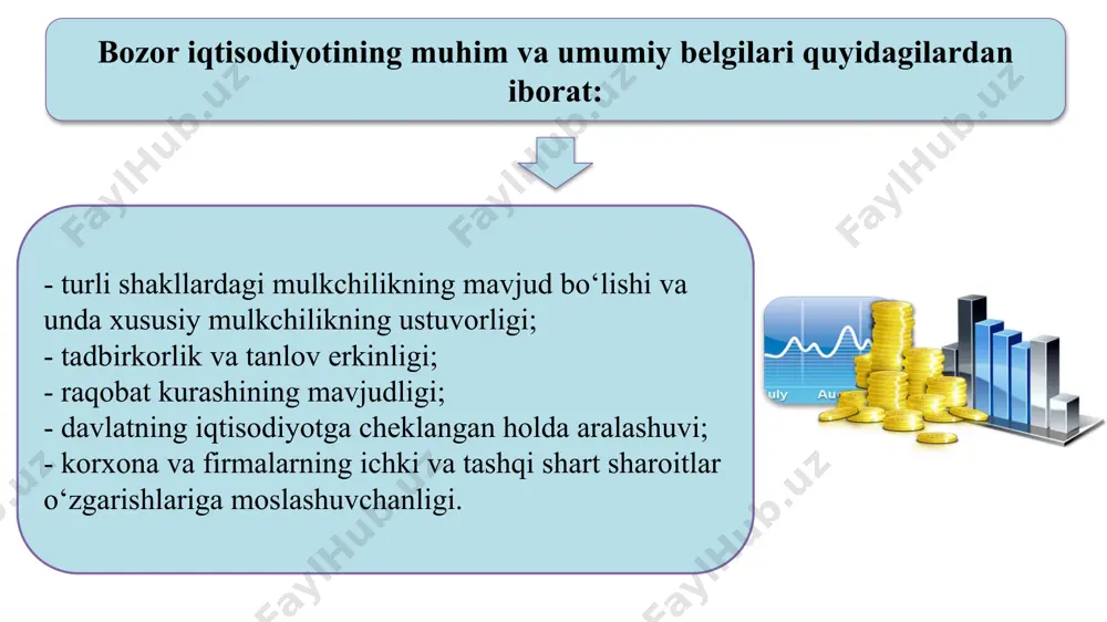 - bu bozor aloqalarini o‘rnatish va ularning bir maromda amal qilishiga xizmat ko‘rsatuvchi muassasalar tizimidir. bozor infratuzilmasi tarkibiga kiruvchi muassasalarni quyidagi asosiy yo‘nalishlar bo‘yicha guruhlash mumkin: 1. tovar va xizmatlar muomalasiga xizmat qiluvchi muassasalar (ombor xo‘jaligi, transport va aloqa xizmatlari ko‘rsatuvchi korxonalar, birjalar, auksionlar, savdo uylari, savdo-sotiq idoralari va agentliklari va h.k.) 2. moliya-kredit munosabatlariga xizmat qiluvchi muassasalar (bank, kredit muassasalari, sug‘urta va moliya kompaniyalari, soliq idoralari va h.k.) 3. ijtimoiy sohaga xizmat ko‘rsatuvchi muassasalar (uy-joy va kommunal xizmat idoralari, aholini ishga joylashtirish firmalari va h.k.) 4. axborot xizmati idoralari (ma’lumotlarni to‘plash, umumlashtirish va sotish bilan shug‘ullanuvchi muassasalar). birja - namuna (yoki standart)lar asosida ommaviy tovarlarning muntazam savdo-sotiq ishlarini o‘tkazuvchi tijorat muassasasi. uning tovar birjasi, fond birjasi, valyuta birjasi, mehnat birjasi singari turlari keng tarqalgan. broker (makler) - bu tovar, fond va valyuta birjalarida oldi-sotdi bitimlarini tuzishda vositachilik qiladigan shaxs yoki maxsus firma. talab tushunchasi ehtiyojning faqat pul bilan ta'minlangan …