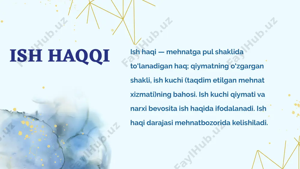 lar vaqtbay mukofot, ishbay mukofot tizimlari hamda korxonada olingan foyda hisobidan ajratiladigan moddiy rag‘batlantirish fondidan mukofotlash tizimidir, bularmehnatga to‘lanadigan haq darajasini belgilaydi. ish haqining asosiy vazifasi ishlab chiqarishning bevosita qatnashchisi bo‘lgan xodim hamda uning oila a’zolarining hayot va mehnat faoliyati sharoitlarini ta’minlashidan iborat. qiymatning mehnat nazariyasi ish kuchini alohida, o‘ziga xos tovar deb hisoblaydi. shu sababli, bu nazariya ish haqini tovar bo‘lgan ish kuchi qiymatining o‘zgargan shakli, ya’ni uning puldagi ifodasi deb hisoblaydi va uni ish kuchini takror ishlab chiqarishi uchun zarur bo‘lgan tirikchilik vositalari qiymati tarzida ta’riflaydi. bozor iqtisodiyoti sharoitida ish haqi hajmiga bir qator bozor omillari (tovarlar va xizmatlar bozorida talab va taklif o‘zgarishlari, mehnatga bo‘lgan talab narxining o‘zgaruvchanligi, iste’mol tovarlari va xizmatlar narxi o‘zgarishi va boshqalar) va bozordan tashqari omillar ta’sir ko‘rsatadi, buning natijasida mehnatga haq to‘lashning muayyan darajasi vujudga keladi. xulosa o‘rnida shuni aytish joizki, ish haqining mazmunini to‘g‘ri tushunib olish uchun eng avvalo yaratilgan milliy …