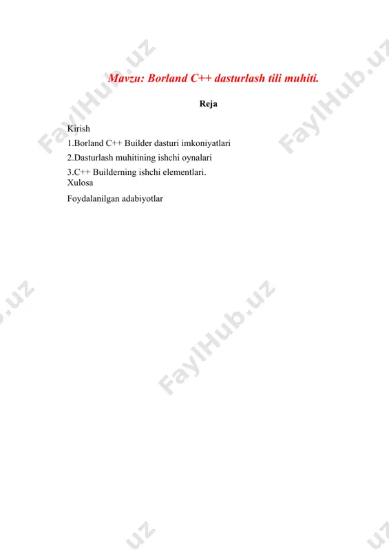 rdan tashqari smartphone va planshetlar uchun operatsion tizim (ios, android, windows mobile, symbian va h.k) va ilovalar yaratilmoqda. informatsion texnologiyalarning yana bir muhim jihatlaridan biri shundaki, bu fan jadal sur’atlarda o‘sib, yil sayin yangidan-yangi yo‘nalishlarga, mutaxassisliklarga tarmoqlanib ketmoqda: algoritmik, mantiqiy, obyektga yo‘naltirilgan, vizual, parallel dasturlash texnologiyalari, animatsiya, multimediya, web, ma’lumotlar bazasini boshqarish tizimlari, ko‘p prosessorli, neyron arxitekturali kompyuterlar va hokazo. ko‘rinib turibdiki, informatika 4 meta fan darajasiga ko‘tarilib, uni bitta o‘quv kursi chegarasida to‘liq o‘zlashtirishning imkoni bo‘lmay qoldi. informatsion texnologiyalar sohasi bo‘yicha rus va ingliz tillarida qo‘llanmalar juda ko‘p chop etilmoqda. oxirgi yillarda o‘zbek tilidagi qo‘llanmalar ham ko‘payib qoldi. ushbu taklif etilayotgan qo‘llanma asosan c++ dasturlash tilini o‘rganmoqchi bo‘lganlar uchun mo‘ljallangan. shu sababli qo’llanmada c++ tiliga bog’liq boshlang’ich ma’lumotlar yoritilgan. bu qo’llanmadan c++ dasturlash tilini o‘rganuvchilar, dastur tuzishni o‘rganayotganlar hamda “dasturlash asoslari”, “informatika va dasturlash” fanlaridan olingan nazariy bilimlarni mustahkamlash uchun foydalanishlari hisobga olingan. ushbu qo‘llanmaga kiritilgan ma’lumotlar dasturlashning bazaviy …