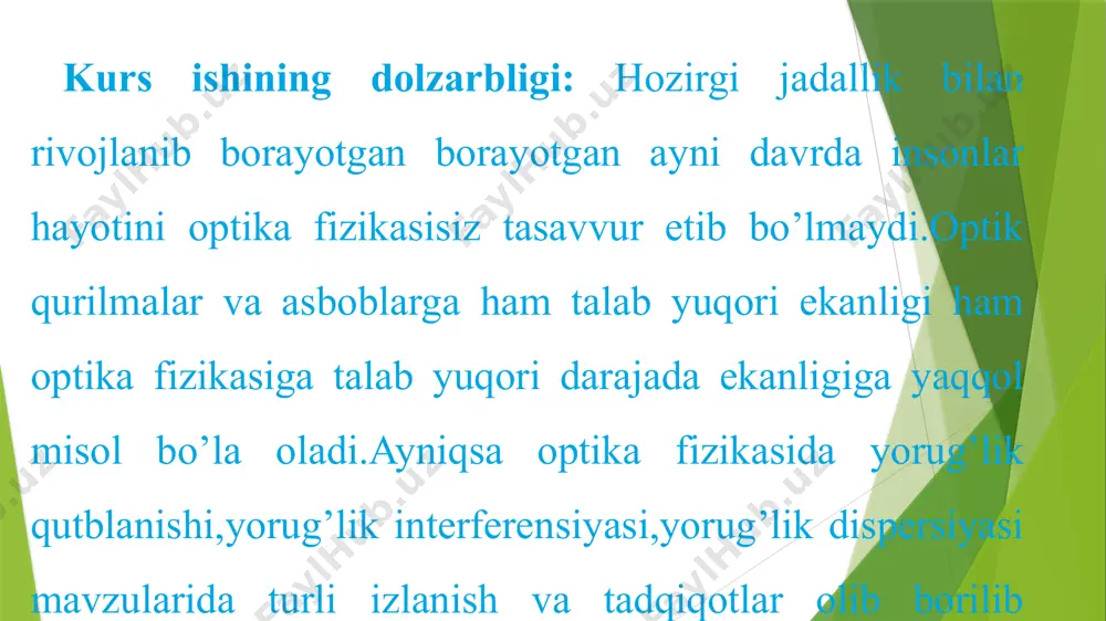 i asosida ishlanadi. 2-rasm.p polyarizator bilan a analizator orqali o’tgan yorug’likning qutblanishi tabiiy yorugʻlikdan qutblangan yorugʻlik hosil qilish uchun qutblash asbobi (polyarizator)dan foydalaniladi. yorugʻlikning qutblanishi moddalarning anizotropik xususiyatlarini oʻrganishga yordam beradi.polarizatsiya qiluvchi filtr ko'zgularni kesib tashlaydi (tepada) va fotosuratchini stakan orqali taxminan ko'rish imkoniga ega bo'ldi brysterning burchagi avtoulovning orqa oynasidagi ko'zgular kesilmayapti, chunki ular polarizatsiyalangan, deyiladi frenel tenglamalari.a qutblantiruvchi yoki qutblantiruvchi bu optik filtr bu imkon beradi yorug'lik o'ziga xos to'lqinlar qutblanish vaqt o'tishi blokirovka qilish yorug'lik boshqa qutblanish to'lqinlari. xulosa hozirdi davrda optika fizikasi ham bosha fizika yo’nalishlari kabi jadallik bilan rivojlanib bormoqda.optika fizikasiga insoniyat taraqiyotini dastlabki davrlaridan beri etibor juda katta bo’lgan.yorug’lik hodisalari,yorug’lik qutblanishi,interferensiyasi va dispersiyasi kabi bir qator yo’nalishlarda juda katta kashfiyotlar qilib,ilmiy tadqiqotlar izlanishlarni nafaqat yurtdoshlarimiz balkim dunyo mutaffakkirlari ham katta qiziqish bilan olib borishgan. foydalanilgan adabiyotlar 1. landsberg g.s. "optika" t 1981. 2. kaliteyevskiy n.i. "volnovaya optika" m.1971. m. 2006. 3.karimov r., otajonovsh., eshjanov …