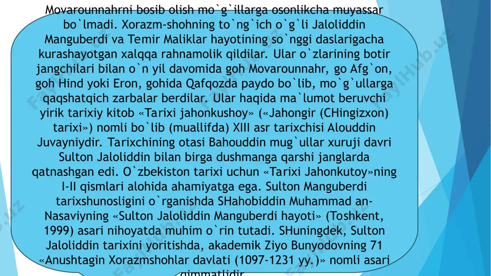 bilan mo‘g‘ullar o‘rtasida urush boshlandi. samarqand, buxoro, urganch kabi shaharlar vayron qilindi. g‘arbiy yurishlar (kavkaz va yaqin sharq, 1221–1223) mo‘g‘ullar gruziya, ozarbayjon va eronga bostirib kirdi. 1223-yilda mo‘g‘ullar kalka daryosi jangida rus knyazliklarini tor-mor etdi. so‘nggi yillari va vafoti 1227-yilda tangut davlatiga qarshi yurishda vafot etdi. manbalar chingizxon haqidagi asosiy tarixiy asarlar: "tarixi jahonkushoy" – juvayniy "mo‘g‘ullar tarixi" – rashiduddin fazlulloh "yuan sulolasi tarixi" (xitoy manbasi) "mo‘g‘ullar maxfiy tarixi" (mo‘g‘ullarning o‘z tarixiy manbasi) ozarbayjonlik tarixchi ziyo bunyodov tomonidan yozilgan bo‘lib, unda anushteginiylar sulolasi va xorazmshohlar davlati tarixiy jarayonlari yoritilgan. asarning asosiy mazmuni xorazmshohlar sulolasining kelib chiqishi sulolaning asoschisi – anushtegin g‘arçay va uning avlodlari xorazmshohlarning saljuqiylarga qaramligi va mustaqillikka erishishi alauddin muhammad va jaloliddin manguberdining chingizxon bilan urushlari xorazmshohlar davlatining mo‘g‘ullar tomonidan tor-mor etilishi (1231) saljuqiylar davlati (1038-1194) nomi ko`chmanchi turk-o`g`uz qabilasi boshlig`i saljuq nomidan olingan. saljuqiy turklar xi asr 30 yillarida harbiy xizmatlari evaziga xurosonda g`aznaviylardan mulklar oladilar. tarixchi …