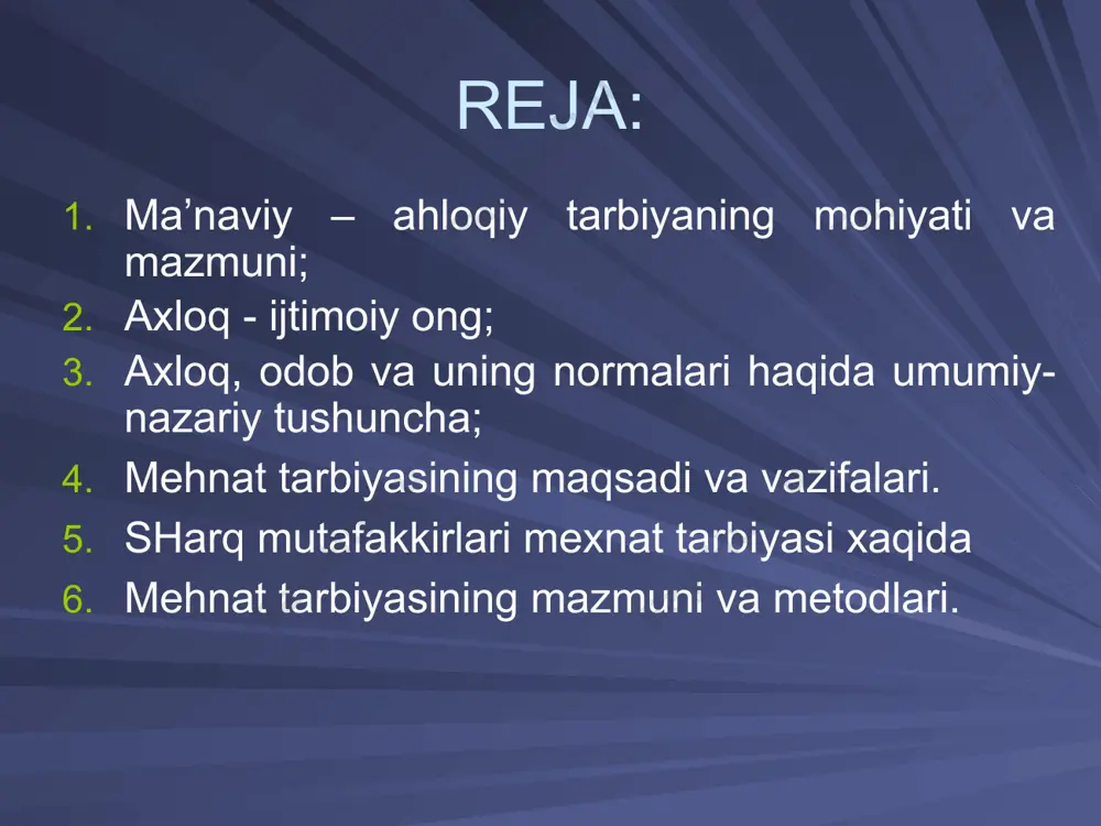 haxs — komil insonni tarbiyalashdan iborat». demak, ma’naviyatli inson bilimli, ma’lum kasb —hunar sohibi, o’z vatanining sodiq fuqarosidir. o’z davlati qonunlarini biladigan va ularga amal qiladigan, yurti bilan g’ururlana oladigan inson. o’z vatani boyliklarini saqlaydigan, uni yanada boyitadigan, go’zalliklaridan bahramand bo’ladigan shaxs. u har qanday zararli illatlarga qarashi kurashadigan, milliy va umuminsoniy qadriyatlarni avaylab asraydigan insondir. axloq esa shaxsning xatgi —harakatlari, yurish — turishi, turmush tarzi, hayot kechirish tamoyillari, qoidalari, ijtimoiy munosabatlar mazmunini ifodalaydi. umuminsoniy qadriyatlarga sodiқlik halqimizning ma’naviy merosini mustahkamlash va rivojlantirish insonning o’z imkoniyatlarini erkin namoyon qilishi vatanparvarlik «ahlok» (lotincha—xulq—atvor ma’nosini bildiradi) ijtimoiy ong shakllaridan biri bo’lib, ijtimoiy munosabatlar hamda shaxs xatti—harakatini tartibga soladigan qonun—qoidalar majmuidir. ma’naviy — axlokiy tarbiya vazifalari quyidagilardan iborat: 1.o’quvchilarda ma’naviy — axloqiy ongni shakllantirish. 2.ularda ma’naviy—axloqiy his—tuyg’ularni tarbiyalash va rivojlantirish. 3.o’quvchilarda ma’naviy—axloqiy xulq—atvor ko’nikma va odatlarini tarkib toptirish. ma’naviy — axloqiy tarbiya mohiyatiga ko’ra inson ongining jamiyat bilan aloqadorligi, jamiyat oldida burchli ekanligi, …