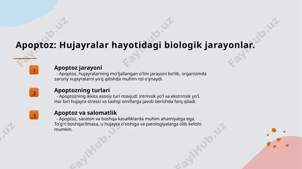 essga qarshi kurashda innovatsion strategiyalar, masalan, gen terapiyasi va yangi dorilar, hujayralarning chidamliligini oshirishga yordam beradi va tiklanish jarayonlarini qo'llab-quvvatlaydi. patologik ta'sirlar: hujayralarning javob berish mexanizmlari. 1 hujayra javoblari hujayralar patologik ta'sirlarga javob berish uchun turli mexanizmlarni ishlab chiqadi, bu jarayon hujayra hayotini saqlash uchun muhimdir. 2 stress mexanizmlari hujayralar stressga qarshi yondashuvlar orqali o'zini himoya qiladi, masalan, apoptotik jarayonlar orqali zararlangan hujayralarni yo'q qiladilar. 3 inflamatuar javob patologik ta'sirlar paytida hujayralar inflamatuar moddalarni chiqarib, immun javobni kuchaytiradi va shikastlangan joyni tiklashga yordam beradi. hujayralarda chidamlilikni oshirish uchun innovatsion yondashuvlar. 01 genetik modifikatsiyalar genetik modifikatsiyalar orqali hujayralarning stressga chidamliligini oshirish, crispr texnologiyasi yordamida hujayralarning genlarini o'zgartirish bilan amalga oshiriladi. 02 biologik aktivlar biologik aktivlar, masalan, antioksidantlar va o'simlik ekstraktlari, hujayralarda oksidlovchi stressni kamaytirib, ularning chidamliligini oshirishda muhim rol o'ynaydi. 03 nanotexnologiyalar nanotexnologiyalar, masalan, nanomateriallar yordamida dori vositalarini maqsadli yetkazib berish, shikastlangan hujayralarning tiklanish jarayonlarini kuchaytirishga yordam beradi. hujayra chidamliligini oshirishda …
