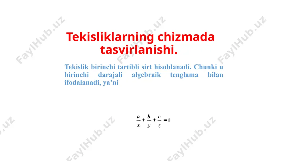 tekislikning h tekislik bilan kesishgan ph=p∩h chizig‘i uning gorizontal izi, v tekislik bilan kesishgan pv=p∩v chizig‘i frontal izi va w tekislik bilan kesishgan pw=p∩w chizig‘i profil izi deb ataladi. tekislik shu tarzda berilsa, uni izlari bilan berilgan tekislik deb yuritiladi va p(ph, pv, pw) tarzida yoziladi. tekislikni chizmada izlari bilan tasvirlash ancha qulay va afzaldir. tekislikning ox, oy va oz koordinata o‘qlari bilan kesishgan nuqtalari px, py, pz bilan belgilanadi, ya’ni px=p∩ox, pu=p∩oy, pz=p∩oz. bu nuqtalar tekislikninng ikkita izining kesishishidan hosil bo‘ladi. tekislik qanday tarzda berilishidan qat’iy nazar, uning izlarini ortogonal proyeksiyalarda yasash mumkin. rasmda a∩b kesuvchi chiziqlar bilan berilgan tekislikning gorizontal izini yasash uchun to‘g‘ri chiziqlar gorizontal izlarining a′h, a″h, va b′h b″h proyeksiyalarini topamiz. agar to‘g‘ri chiziqlarning gorizontal izlarining gorizontal a′h va b′h proyeksiyalarini o‘zaro tutashtirsak, tekislikning ph gorizontal izini hosil qilamiz. xuddi shu tarzda tekislikning pv frontal izini yasash uchun kesishuvchi to‘g‘ri chiziqlar frontal izlarining a′v av″ …