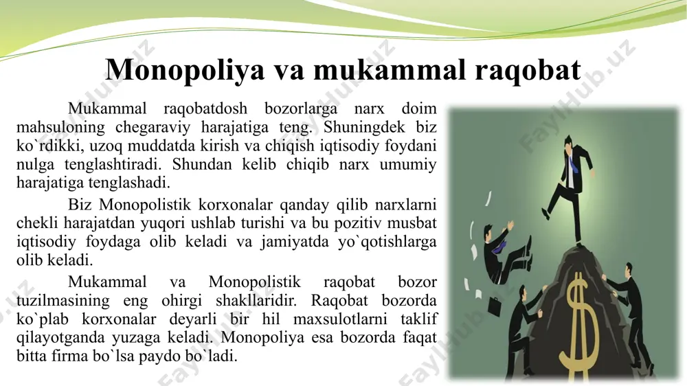 biri - chekli harajatlarning oshishi bo`lib, bu shunga olib keladiki, agar ishlab chiqarish harajatlaridan tovarnini ustun qo`yadigan iste’molchilar(lekin narxdan past) ularni sotib olishdan o`zlarini tiyadilar.shunday qilib. monopolistik raqobatdosh bozorlar monopolistic narx belgilashning tipik qaytarilmas yo`qotishlari bilan xarakterlanadi jamiyat nuqtai nazaridan monopolistik raqobat samaradorligi jamiyat nuqtai nazaridan monopolistik raqobat samaradorligi pastligining sababi – bozordagi firmalarning soni muammosi. bu muammoni biz bozorga kirish bilan bog`liq bo`lgan tashqi sam ara terminlarida ko`rib chiqamiz. xar doim yangi firma bozorga kirishini maqsadga muvofiqligini taxlil qilar ekan, u oladigan potensial daromadi darajasiga baho beradi. xulosa monopolistik raqobatchi firmalar faoliyatiga aralashuv tabiiy monopoliyarlarni tartibga keltirishda muammolarni keltirib chiqaradi. hususan – monopolistik raqobat bozoridagi firmalar shundoq ham nullashgan foyda oladi, narxni chegarali harajat darajasigacha tushirishni talab qilish, yo`qotishga olib keladi. biznesda ushbu firmalarni saqlab qolish uchun hukumat ularning yo`qotishlarini qoplashi lozim, ya’ni soliqlarni oshirishi lozim. ko`rinadib turibdiki, noan’anaviy usullar va oqimga qarab arakatlanishdan birini tanlashda siyosatchilar samarasiz monopollistik …