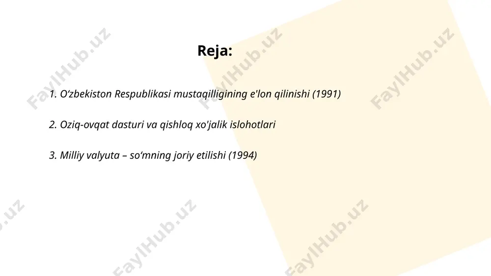 nning milliy valyutasi – so‘m joriy etildi. so‘mning chiqarilishi mamlakatning iqtisodiy mustaqilligini ta’minlash va pul muomalasini yaxshilash maqsadida amalga oshirildi. ilk bosqichda 1 so‘m 1000 rublga teng bo‘lib, 1, 3, 5, 10, 25, 50, 100 so‘mlik kupyuralar muomalaga kiritildi. so‘mning joriy etilishi o‘zbekiston respublikasi prezidenti farmoniga binoan amalga oshirildi. o‘sha davrda so‘m o‘zbekiston hududi ichida yagona qonuniy to‘lov vositasi bo‘ldi, bu esa mamlakatning iqtisodiy tizimini mustahkamlashda muhim qadam bo‘ldi. ... t.me/slaydai_bot 4. yoqilgʻi-energetika kompleksining rivojlanishi yoqilgʻi-energetika kompleksi oʻzbekiston iqtisodiyotining muhim qismlaridan biri hisoblanadi. mamlakat gaz zahiralari boʻyicha dunyoda 20-o‘rinda turadi, yiliga taxminan 60 milliard kub metr tabiiy gaz ishlab chiqariladi. 2022-yilda energetika sektorida 4,5 milliard aqsh dollari miqdorida investitsiya jalb qilindi. o‘zbekiston energetika strategiyasiga ko‘ra, 2030-yilgacha energiya ishlab chiqarishni 30 foizga oshirish rejalashtirilmoqda. shuningdek, qayta tiklanuvchi energiya manbalaridan foydalanishni kengaytirish uchun quyosh va shamol energiya loyihalari ishlab chiqilmoqda. 2023-yilda mamlakatda 1,5 gigavatt quvvatli yangi quyosh elektr stansiyalari ishga tushirilishi kutilmoqda. …