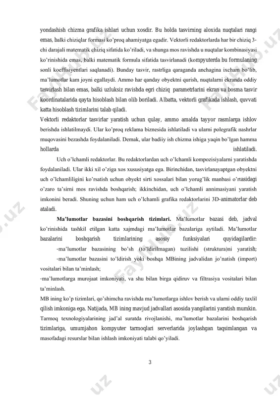 ir-biridan tubdan farq qiladi. mos ravishda, matn prosessorlari ham bir-biridan farq qiladi, ammo ularning ko’plari o’zida bu ikki yo’nalishni birlashtiradi. grafik redaktorlar. bu sinfga xos dasturlar grafik tasvirlarni qayta ishlash va (yoki) yaratishga mo’ljallangan. bu sinfda quyidagi kategoriyalar mavjud: rastrli redaktorlar, vektorli redaktorlar va uch o’lchamli grafika bilan ishlovchi dasturiy vositalar (3d-redaktorlar). rastrli redaktorlar, grafik obyekt, rastrni tashkil etuvchi nuqtlar kombinasiyasi ko’rinishida berilgan bo’lsa, bu tasvirlarda ranglar va yorqinlik asosiy rolni o’ynaydi. bunday yondoshish, grafik tasvir har xil yorqinlikda bo’lsa va obyekt elementlari rangi to’g’risidagi ma’lumot uning formasi to’g’risidagi ma’lumotdan ahamiyatli bo’lgan hollarda samaralidir. bunday xususiyatlar ko’proq fotografiya va poligrafiya tasvirlariga xosdir. rastr redaktorlari tasvirlarga ishlov berishda, fotoeffekt va badiiy kompozisiyalarni yaratishda keng qo’llaniladi. vektorli redaktorlar, rastrlilardan tasvirlar to’g’risidagi ma’lumotlarni tasvirlash usuli bilan farq qiladilar. vektorli tasvirning elementar obyekti nuqta emas, balki chiziqdir. bunday 3 yondashish chizma grafika ishlari uchun xosdir. bu holda tasvirning aloxida nuqtalari rangi emas, balki chiziqlar …
