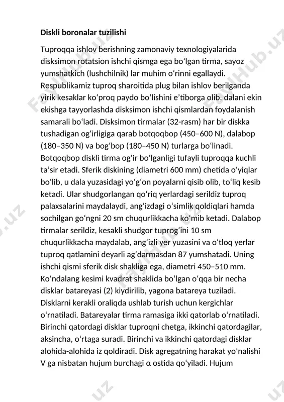 butlanadi . murakkab va ko'p vaqt talab qiluvchi nosozliklarni tuzatish mtp ustaxonalarida yoki maxsus servis shoxobchalarida amal ga oshirilishi lozim . harkun kunlik texnik xizmat ko’rsatishda bajariladigan ishlar . tishli va diskli tirmani chang , loy , oʻsimlik qoldiqlari va moy tegib ketgan joylarni tozalash ; tishli tirma tishlarining plankaga mahkam va to'g'ri qotirilganini tekshirish ; tishli tirma tishlarining " zig - zag " joylashuvi to'g'ri ekanligi tekshiriladi ; har kunlik texnik xizmat ko'rsatishda bajariladigan ishlar : . 90 diskli tirmadagi disklarning o'qqa joylashish holatini tekshirish ; diskli tirmadagi moy shlanglarining gidrosilindrga ula nish joylarining jipsligini tekshirish ; mavsumdan keyingi texnik xizmat ko'rsatishda bajarila digan ishlar : tishli va diskli tirmalarning barcha ishchi qismlarining texnik holatini tekshirish , zarur bo'lsa ta'mirlash yoki al mashtirish ; diskli tirmadagi gidrosilindrga ulangan moy oqayotgan shlanglarini almashtirish ; dikskli tirmadagi gidrosilindrning ishlash holatini tek shirish , zarur bo'lsa ta'mirlash yoki almashtirish ; tirma ramalarini …