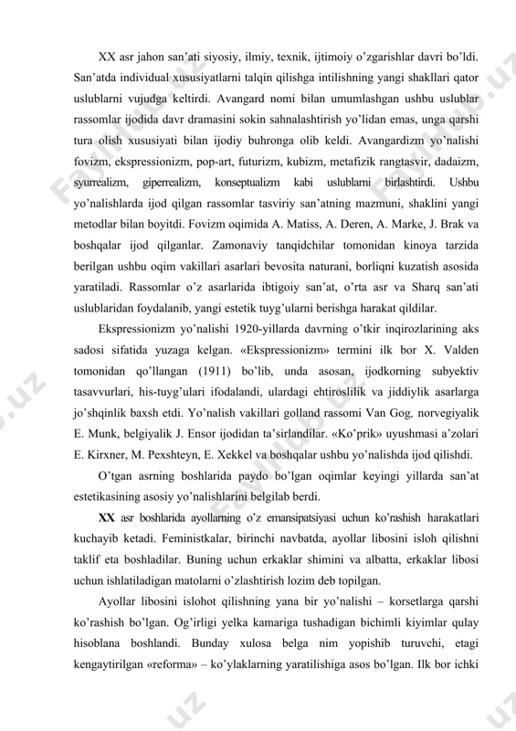 uyushmasi a’zolari e. kirxner, m. pexshteyn, e. xekkel va boshqalar ushbu yo’nalishda ijod qilishdi. o’tgan asrning boshlarida paydo bo’lgan oqimlar keyingi yillarda san’at estetikasining asosiy yo’nalishlarini belgilab berdi. xx asr boshlarida ayollarning o’z emansipatsiyasi uchun ko’rashish harakatlari kuchayib ketadi. feministkalar, birinchi navbatda, ayollar libosini isloh qilishni taklif eta boshladilar. buning uchun erkaklar shimini va albatta, erkaklar libosi uchun ishlatiladigan matolarni o’zlashtirish lozim deb topilgan. ayollar libosini islohot qilishning yana bir yo’nalishi – korsetlarga qarshi ko’rashish bo’lgan. og’irligi yelka kamariga tushadigan bichimli kiyimlar qulay hisoblana boshlandi. bunday xulosa belga nim yopishib turuvchi, etagi kengaytirilgan «reforma» – ko’ylaklarning yaratilishiga asos bo’lgan. ilk bor ichki kiyimni «nafas oluvchi» paxta tolali, oson yuviladigan kombinezonlar bilan almashtirish taklif etilgan. shakli nisbatan qulay liboslar ko’proq sport bilan shug’ullanish uchun taklif qilingan (misol uchun: o’sha paytda urf bo’lgan velosiped uchishda yubka-shimlar kiyilgan). ulardan ko’plari, masalan, trikotaj buyumlar, hozirgi zamonaviy liboslar orasida o’z o’rnini topgan. ayollarning sport liboslarida …