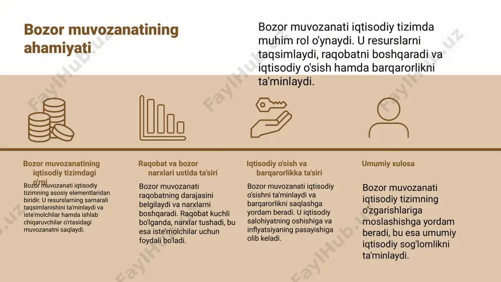 kelishi orqali hosil bo'ladigan iqtisodiy holatdir. bu holatda narxlar barqaror bo'ladi, iste'molchilar va ishlab chiqaruvchilar o'rtasida muvozanat ta'minlanadi. bozor muvozanati saqlanishi uchun bir qancha omillar muhimdir, jumladan, narxlar o'zgarishi, iste'molchilarning qiziqishlari va ishlab chiqarish quvvati. bularning barchasi bozor muvozanatini saqlab qolishda muhim ahamiyatga ega. bozor muvozanatining ahamiyati bozor muvozanati iqtisodiyotda barqarorlikni ta'minlash uchun juda muhim. u narxlarning o'zgarishini cheklaydi va iqtisodiy faoliyatni rag'batlantiradi. bozor muvozanati saqlangan taqdirda, iqtisodiy o'sish 3-5% ga oshishi mumkin, bu esa iqtisodiy barqarorlikka olib keladi. statistika ma'lumotlariga ko'ra, bozor muvozanatining mavjudligi iste'molchilar va ishlab chiqaruvchilar o'rtasidagi ishonchni oshiradi va investitsiyalarni rag'batlantiradi. photo by sebastian herrmann on unsplash qishloq xo'jaligi bozoridagi narxlar qishloq xo'jaligi mahsulotlari bozorida narxlar talab va taklif o'rtasidagi bog'liqlikni ko'rsatadi. narxlar oshganida, talab kamayadi va bu bozor muvozanatini saqlashga yordam beradi. texnologik mahsulotlar bozoridagi talab texnologik mahsulotlar bozorida talabning o'zgarishi narxlarning ko'tarilishiga sabab bo'ladi. taklif va talab o'rtasidagi muvozanat, yangi texnologiyalarning ishlab chiqarilishi bilan …