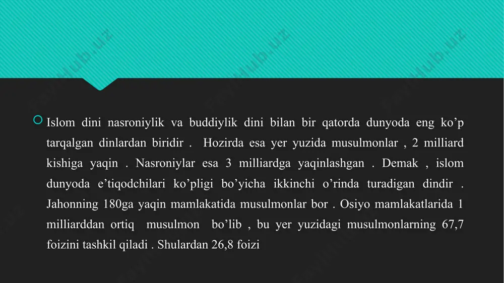 , shimoliy afrika, pireney yarim oroli, shimoliy hindistonni fath qilishdi. bir asrdan kamroq vaqt davomida shimoliy xitoydan ispaniyagacha, kavkazortidan hind okeanigacha boʻlgan katta hududni zabt etdilar va islom dinini yoydilar (qarang arab xalifaligi). islomning muqaddas kitobi qurʼondir. musulmonchilikda bu kitobning butun mazmuni allohning vahiy qilgan dalolati deb tushuniladi. islomning aqidalari, eʼtiqod talablari, huquqiy va axloqiy meʼyorlari, cheklash va taʼqiqlari qurʼon bilan birga uning tafsirlarida, hadis toʻplamlari va shariat qoʻllanmalarida, shuningdek, 8-12-asrlarda vujudga kelgan ilohiyot adabiyotlarida oʻz ifodasini topgan. islomning asosiy aqidasi — „allohdan boshqa iloh yoʻq va muhammad uning rasuli“. islom ilohiyotining ilk shakli — kalom boʻlib, 8-asrda arab xalifaligida vujudga kelgan. mutakallimlar islom dini aqidalarini ishlab chiqqanlar. vii asrda tashkil topib, xiii asrgacha hukm surgan arab xalifaligi insoniyat tarixida chuqurroq iz qoldirgan. arab xalifaligining davlat tuzu-mi va o‘ziga xos xususiyatlarga ega bo‘lgan huquqiy tizimi - musulmon huquqi yevropa, osiyo va shimoliy afrika hududlariga tarqalgan. xusu-san, o‘zbekiston hududida ham viii …