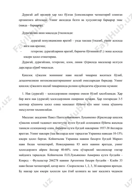 миллионлар гектар майдонга тарқалади. кейинчалик п.п.лукьяненко аамерика кузги буғдойи - конред – фулькастер 266278 навини аргентина баҳори буғдойи - клейн 33 нави билан чатиштириб, қатор янги - скороспелка 1, 2, 3, 3б навларини яратади. бу навлар ҳам юқори ҳосилли ҳам ётиб қолишга ва занг касалига чидамли хусусиятларига эга бўлганлар! скороспелка навларини украинада танланган лютесценс 17 нави билан чатиштириш натижасида янги хусусиятларга эга навларни яратишга муваффақ бўлди. булардан биринчи безостая 4 нави ҳисобланади, у 1955 йилда районлаштирилади. тўрт йилдан кейин унинг ўрнига жахонда машҳур бўлган кузги буғдойнинг безостая 1 нави яратилади. бу навни безостая 4 навидан танлаш асосида яратади. ундан кейин лукьяненко томонидан аврора, кавказ деган навлари яратилди. п.п.лукьяненконинг навлари йил сайин катта майдонларни эгаллаб ҳар гектаридан кўп миқдорда қўшимча ҳосил олишни таъминлаб келган: 1911-1915й – 9,3ц; 1953 – 1957й – 14,8ц; 1958 – 1962й – 23,6ц; 1963 – 1966й – 26,2ц.дан безостая 1 нави районлаштирилиши билан қўшимча ҳосил янада ошади: …