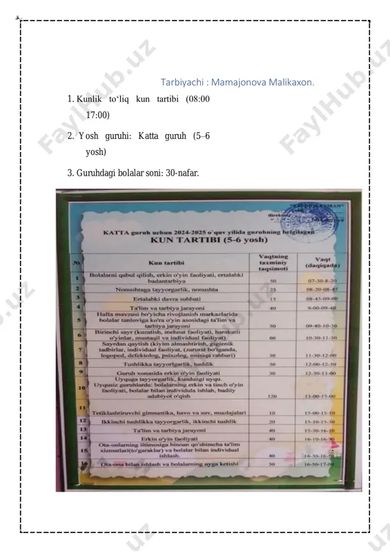 qismi (5 daqiqa): 1. bolalar bilan salomlashish va kayfiyatlarini so'rash 2. "idish-tovoqlar" mavzusi bo'yicha qiziqarli savollar bilan qiziqish uyg'otish: o "bolalar, uyingizda qanday idishlardan foydalanasizlar?" o "ovqatlanish uchun qanday idishlar kerak bo'ladi?" 3. bugungi mashg'ulot mavzusi va maqsadi bilan tanishtirish: "bugun biz idish- tovoqlar, ayniqsa milliy idishlarimiz haqida gaplashamiz va o'rganamiz." asosiy qism (20 daqiqa): 1. suhbat va ko'rgazmali tushuntirish (7 daqiqa): o tarbiyachi turli idish-tovoqlarni namoyish qiladi (chinni, sopol, yog'och idishlar) o har bir idishning nomi, vazifasi va undan qanday foydalanish haqida tushuntirish o milliy idishlar haqida qisqacha ma'lumot berish: "lagan, kosa, piyola, choynak kabi idishlar bizning milliy idishlarimiz hisoblanadi. kattakon laganlarga palov suziladi, kosalarda sho'rva va suyuq ovqatlar tortiladi, piyolalarda choy ichiladi." o idishlarni tayyorlash usullari haqida qisqacha ma'lumot: "idishlar sopol (loydan), chinni (maxsus materialdan), yog'ochdan yasaladi." 2. videolavha ko'rish (3 daqiqa): o o'zbek milliy idish-tovoqlarining yasalishi haqida qisqa videolavha namoyish etish o video bo'yicha savol-javob: "qanday idishlar …