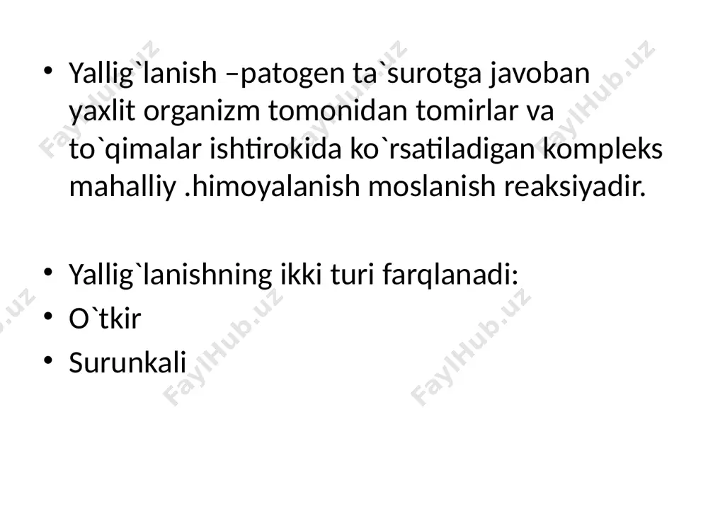 bati bilan(arterial va venoz giperemiyalar,kamqonlik) tomir devori zararlanishi bilan (qon ketish va qon quyilishlar,diapedez yo`l bilan qon ketish,plazmaragiyalar) gemostaz va qon realogik xossalarini buzilishi sabab(tromboz,staz,emboliya,dvs sindromi) shok tromboz-hayot vaqtida qondan uning zich ,qattiq massalari ajralib chiqishi va tomir devoriga cho`kib qolishidir patogenezi; endoteleyning zararlanishi,qon oqimini sekinlashishi qonning trubulent tarizda oqishi qon giperkoagulatsiyasi trombogenez bosqichlari 1-tomir devorining zararlanib,gemostaz sistemasining o`sha joyda faollashib qolishiga olib keladi. 2-tomirlar devorining zararlangan joyiga trombotsitlar kelib yopishishi (adgeziya ) 3-tomirlar devori zararlangan joyda trombotsitlar to`planib qolishi 4-fibrinogenninfibringa aylantiruvchi trombin hosil bo`lishi,fibrin iplariga trombotsitlar ,leykotsitlar,eritrositlar ushlanib qoladi,bu tromb hosil bo`lishiga olib keladi. tromboemboliya emboliyalarning rng ko`p ucgraydigan turidir.tromb hosil bo`lganiga ko`p o`tmay katta yoki kichik qon aylanish doiralarida septik va aseptik tarzda uzilib chiqadi. oddiy tromb qanday o`zgarishga uchrasa,tomirga yopishib turgan tromboembol ham shu o`zgarishga uchraydi.(vazkulizatsiya,rekanalizatsiya,ohaklanish,irish, va boshqalar) shok-to`qimalarning qon bilan taminlanishi,ulardagi almashinuv jarayonlari darajasiga mutlaqo to`g`ri kelmas darajada keskin pasayib ketishi bilab tariflanadigan organizmning passiv himoya …