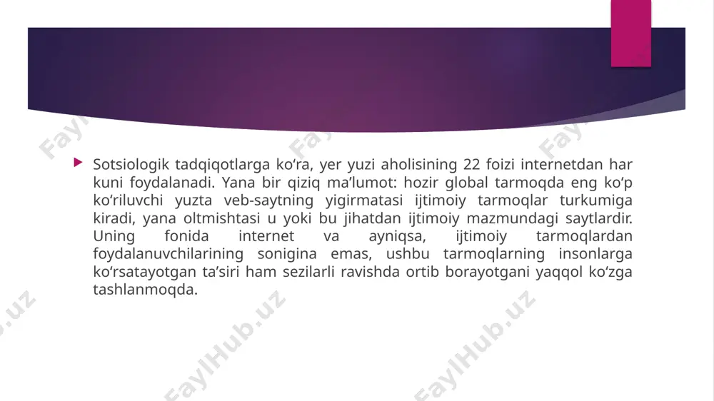 foydalanishga o’tkazilishi bilan zamonaviy internet paydo boldi. internet real muhitni aks ettirish vositasi va ayni paytda voqelikni qurish shartidir. u boshqa munosabatlar, me’yorlar va qadriyatlarni talqin qiluvchi shaxsning sotsializatsiyasining yangi ta’sirlarini ochib beradi va pirovardida u ehtiyojlarga, munosabatlar tizimiga, zamonaviy ma’noning semantik koordinatalarining tuzilishiga ta’sir qiladi.zamonaviy yuqori texnologiyali aloqa vositalarining, birinchi navbatda, internetning jadal rivojlanishi sub’ektning shaxslararo munosabatlar tizimida bilvosita aloqa ulushining oshishiga olib keladi. internet-resurslar yordamida foydalanuvchilar boshqa odamlarning ijodi bilan ham tanishishlari va oʻz ijodlarini boshqalarga namoyish etishlari mumkin (fotosuratlar, sayohat yozuvlari, musiqa, videolar, she’rlar, turli xil hunarmandchilik, tikuvchilik, trikotaj va boshqalar). internet insonga koʻplab ehtiyojlarni qondirish imkoniyatini berib, tarmoq orqali ulangan oddiy kompyuterlar toʻplamidan internet foydalanuvchilari jamoasiga, ularning xatti-harakatlarini ma’lum qoidalar va qonunlar bilan bogʻlaydigan odamlar jamoasiga aylandi. virtual muhit - haqiqiy faoliyat sohasiga, shaxs hayotining muhim qismiga aylanadi, insonning oʻzida koʻp narsalarni oʻzgartiradi - uslub, turmush tarzi, odatlar, qiziqishlar doirasi va muloqotni ham. internetning asosiy vazifasi …