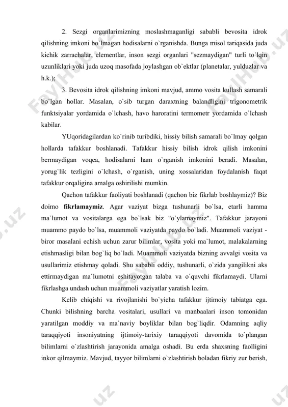`lumotni eshitayotgan talaba va o`quvchi fikrlamaydi. ularni fikrlashga undash uchun muammoli vaziyatlar yaratish lozim. kelib chiqishi va rivojlanishi bo`yicha tafakkur ijtimoiy tabiatga ega. chunki bilishning barcha vositalari, usullari va manbaalari inson tomonidan yaratilgan moddiy va ma`naviy boyliklar bilan bog`liqdir. odamning aqliy taraqqiyoti insoniyatning ijtimoiy-tarixiy taraqqiyoti davomida to`plangan bilimlarni o`zlashtirish jarayonida amalga oshadi. bu erda shaxsning faolligini inkor qilmaymiz. mavjud, tayyor bilimlarni o`zlashtirish boladan fikriy zur berish, ijodiy ishlash, yangilik ochishni taqoza qiladi. aks holda o`zlashtirilgan bilim yuzaki, mexanistik bo`lib qoladi. tafakkurning mantiqiy shakllari psixologiya fani mantiq fani bilan birgalikda tafakkurning mantiqiy shakllarini o`rgandi. tafakkurning mantiqiy shakllari -tushuncha, hukm va xulosa chiqarishlardir. tushuncha shunday bir fikrki, bu fikrda voqelikdagi narsa va hodisalarning umumiy, muhim, farq qiladigan belgilari aks ettiriladi. masalan, odam tushunchasi uning mehnat faoliyati, mehnat qurollarini ishlab chiqarish, nutq, inson ongi va shular kabi nihoyatda muhim belgilarni o`zida mujassamlashtirgan. mana shu belgilar bilan odam hayvonlardan farq qiladi. tushunchalarning mazmuni hukmlarda …