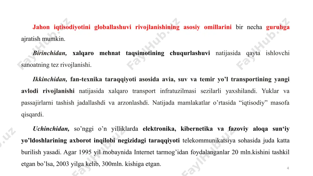 ssiya va britaniya dominionlari) olib chiqishning katta ko’lamlaridan (buyuk britaniya o’z mamlakatiga nisbatan chet elga ko’proq kapital kiritar edi) faqatgina ko’p o’n yilliklardan so’ng oshib o’tildi. birinchi jahon urushidan oldin chet eldan kapital oqimi rossiyada sanoatga investitsiyalarning yarmidan ortig’ini ta‘minlar, aqshda ishchilarning yarmidan ortig’i immigrantlardan tashkil topgan edi. o’sha davrda integratsion birlashmalar mavjud bo’lmagan (ularning o’rnini ma‘lum darajada imperiyalar bosar edi), xalqaro iqtisodiy tashkilotlar kamsonli va zaif, tmklar esa ko’p bo’lmagan bo’lsada, biroq umuman olganda globallashuvning mazkur bosqichi haqida globallashuvning dastlabki to’lqini sifatida gapirish mumkin. 12 birinchi jahon urushining boshidan ikkinchi jahon urushining oxirigacha bo’lgan davr urushlar, inqiloblar, 1930-yillar iqtisodiy inqirozi davomida globallashuvning qisqarish bosqichi bo’ldi. natijada, agar rossiyadan tovarlar eksporti 1913 yilda 1 mlrd dollardan ortiq bo’lgan bo’lsa, 1938 yilda – atigi 0,3 mlrd dollarni tashkil qilgan. aqshda ushbu davrda eksport 2,6 mlrd dollardan 3,1 mlrd dollargacha ortdi, lekin haqiqatda u keskin pasaydi, chunki dollar bu davrda 2,2 marta …