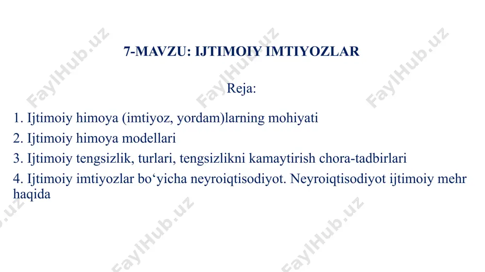 sug‘urta qilishga qaratilgan holatdir. mutlaq xavfsizlik bozorni to‘liq nazorat qiladigan yoki bozor munosabatlari tugatiladigan jamiyatlar uchun xosdir. ikkala holatda ham biz totalitar tipdagi jamiyat bilan muomala qilamiz. ijtimoiy himoya cheklangan ijtimoiy himoya muloqot ijtimoiy himoya aholini ijtimoiy himoya qilish quyidagi tamoyillarga asoslangan tarzda yaratiladi: sheriklik moslashuvchanlik davlat tamoyillarining ustuvorligi ijtimoiy himoya uchun profilaktika choralar iqtisodiy adolat ijtimoiy sheriklik – davlat amaliy ijtimoiy muammolarni manfaatdor idoralar va tashkilotlar bilan birgalikda hal qiladi. iqtisodiy adolat – ob’ektiv sabablarga ko‘ra iqtisodiy munosabatlarda qatnasha olmaydiganlarni ijtimoiy-iqtisodiy qo‘llab-quvvatlash. moslashuvchanlik – ijtimoiy himoya tizimining o‘zini rivojlantirish va takomillashtirishga qodirligi. davlat tamoyillarining ustuvorligi – bu davlat mustaqil ravishda bunga erisha olmaydiganlar uchun ijtimoiy maqbul turmush darajasini ta’minlashning kafolati sifatida ishtirok etadi. ijtimoiy himoya choralarining oldini olish – hududiy darajada ijtimoiy xavflarni bashorat qilish va oldini olish, xususan pullik va bepul xizmatlarning moslashuvchan kombinatsiyasi orqali ularni yanada samarali bartaraf etish. ijtimoiy ta’minot - bu fuqarolarning haqiqiy huquq va …