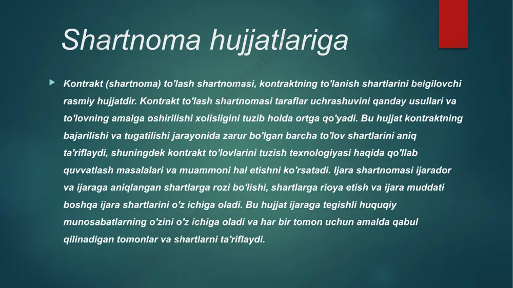 ʼyoriyhuquqiy hujjat. harbiy nizom. jangovar va umumharbiy turlarga boʻlinadi. jangovar nizomlar qurolli kuchlar qism va boʻlinmalari turlarining jangovar tayyorgarlik asoslari hamda jangovar harakatlarni olib borishni belgilab beradi. umumharbiy nizomlar harbiy xizmatchilarning oʻzaro munosabatlari, ularning umumiy va lavozimga oid majburiyatlari, huquqlari, ichki, garnizon va qorovullik xizmatlarini oʻtash tartiblari va boshqalarni belgilovchi qurolli kuchlarning hamma turlari uchun umumiy majburiy qoidalardir. e’tiboringiz uchun rahmat image6.png image7.png image8.png image9.png image2.png image3.png image4.png image5.png /docprops/thumbnail.jpeg
