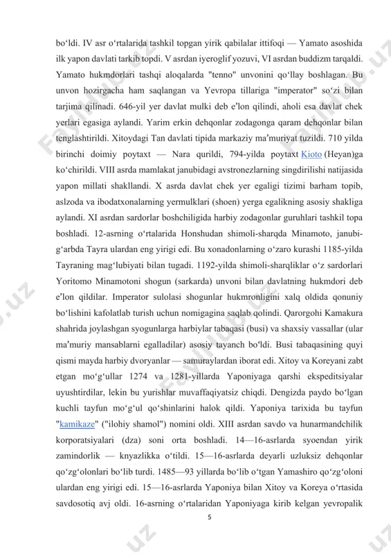 tayra ulardan eng yirigi edi. bu xonadonlarning oʻzaro kurashi 1185-yilda tayraning magʻlubiyati bilan tugadi. 1192-yilda shimoli-sharqliklar oʻz sardorlari yoritomo minamotoni shogun (sarkarda) unvoni bilan davlatning hukmdori deb eʼlon qildilar. imperator sulolasi shogunlar hukmronligini xalq oldida qonuniy boʻlishini kafolatlab turish uchun nomigagina saqlab qolindi. qarorgohi kamakura shahrida joylashgan syogunlarga harbiylar tabaqasi (busi) va shaxsiy vassallar (ular maʼmuriy mansablarni egalladilar) asosiy tayanch boʻldi. busi tabaqasining quyi qismi mayda harbiy dvoryanlar — samuraylardan iborat edi. xitoy va koreyani zabt etgan moʻgʻullar 1274 va 1281-yillarda yaponiyaga qarshi ekspeditsiyalar uyushtirdilar, lekin bu yurishlar muvaffaqiyatsiz chiqdi. dengizda paydo boʻlgan kuchli tayfun moʻgʻul qoʻshinlarini halok qildi. yaponiya tarixida bu tayfun "kamikaze" ("ilohiy shamol") nomini oldi. xiii asrdan savdo va hunarmandchilik korporatsiyalari (dza) soni orta boshladi. 14—16-asrlarda syoendan yirik zamindorlik — knyazlikka oʻtildi. 15—16-asrlarda deyarli uzluksiz dehqonlar qoʻzgʻolonlari boʻlib turdi. 1485—93 yillarda boʻlib oʻtgan yamashiro qoʻzgʻoloni ulardan eng yirigi edi. 15—16-asrlarda yaponiya bilan xitoy va koreya oʻrtasida savdosotiq …