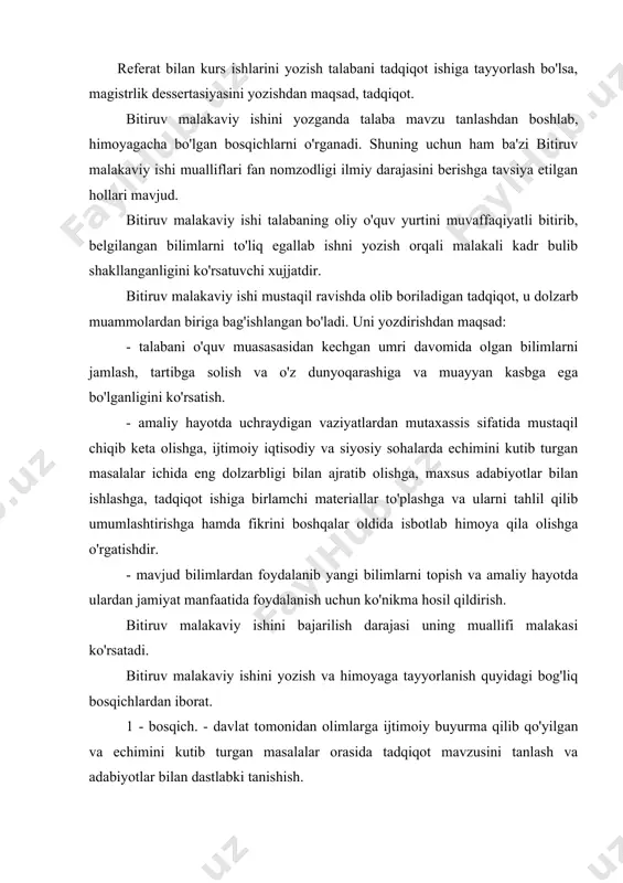 gan masalalar orasida tadqiqot mavzusini tanlash va adabiyotlar bilan dastlabki tanishish. 2- bosqich - adabiyotlar bilan ishlash va mavjud birlamchi materiallar bilan tanishish, bitiruv malakaviy ishini yozish muddatini belgilash. 3- bosqich - tuzilgan reja buyicha birlamchi materiallarni to'plash va maxsus adabiyotlarni tahlil qilish. 4 - bosqich - yig'ilgan materiallarni qayta ishlash, ularni tahlilini o'tkazish va bitiruv malakaviy ishini yozib ilmiy rahbarga takdim etish. 5- bosqich - bitiruv malakaviy ishiga tuzatishlar kiritish va unga taalluqli chizma, model yoki buyumni tayyorlash. 6- bosqich - tuzatishlardan keyin ishni ilmiy rahbarga ko'rsatib, uning roziligini olish va ishni himoyaga tayyorlash. 7 - bosqich - himoya va uning tantanasini o'tkazish. bitiruv malakaviy ishini bosqichma - bosqich amalga oshirish muddatlari jadval shaklida tuzilib uch nusxada tayyorlanadi va kafedra mudiri tomonidan tasdiqlanadi. jadvalning bir nusxasi kafedrada, ikkinchisi ilmiy rahbarda va uchinchisi diplom ishi muallifiga bo'ladi. jadvalning muddatlari yuzasidan talaba rahbariga va zarur hollarda kafedrada hisobot berib turadi. mavzuni …
