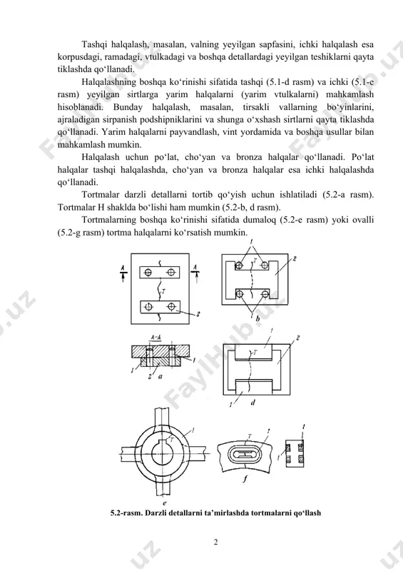 ishlatiladi (5.2-a rasm). tortmalar h shaklda bo‘lishi ham mumkin (5.2-b, d rasm). tortmalarning boshqa ko‘rinishi sifatida dumaloq (5.2-e rasm) yoki ovalli (5.2-g rasm) tortma halqalarni ko‘rsatish mumkin. 5.2-rasm. darzli detallarni ta’mirlashda tortmalarni qo‘llash halqalash – texnologik mashinalardagi ko’plab detallarini tiklashda keng tarqalgan qulay usullardan biridir. halqalashning mohiyati shundaki, detalning shikastlangan joyiga halqa (vtulka) ko’rinishidagi qo’shimcha element qotiriladi. bu element ba’zan yeyilgan sirtni to’ldirish uchun (5.3-rasm, a,b,v,e-k), ba’zida detalning singan joyini ulash uchun, uchinchi holda esa darz ketgan detalni tortish (styagivanie) uchun qo’llaniladi (5.3-rasm, d). 5.3 - rasm. detallarni ta’mirlashda halqalash. tiklanadigan detalga halqaning joylashish o’rniga qarab halqalashni tashqi (5.3 – rasm, a–d ga qarang) va ichkilarga (5.3 – rasm, e–k ga qarang) bo’lish mumkin. shikastlangan detalning konstruktsiyasidan va shikastlanish ko’rinishidan bog’liq ravishda yaxlit va tarkibiy halqalar (3.3 – rasm, b ga qarang) qo’llaniladi. katta diametrdagi yeyilgan chuqur teshiklarni halqalash uchun elastik halqa ko’rinishidagi o’ralgan po’lat tasmalar (3.3 – rasm, k …