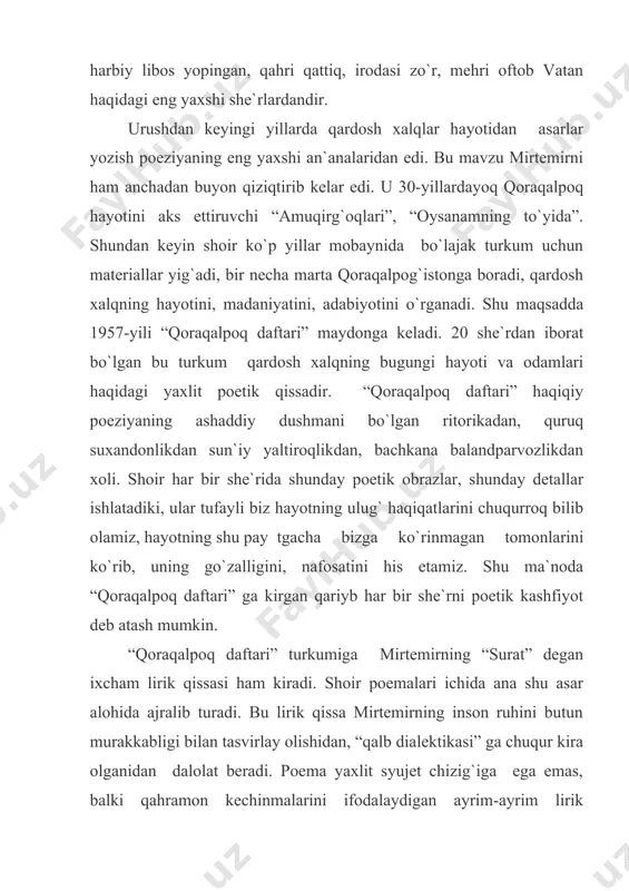 qirg`iz eposining 1-kitobini o`zbek tiliga mahorat bilan o`girib, adabiyotimiz xazinasini tarjima asarlari bilan boyitgan. mirtemir 2002-yilda “buyuk xizmatlari uchun” ordeni bilan taqdirlangan. matn adabiyotlar: 1. mirtemir. asarlar (4 tomlik).-t.: “adabiyot va san`at”, 1980-83. 2. mirtemir. “qoraqalpoq daftari”, “surat”. // mirtemir. she`rlari.-t.: o`zadabiynashr, 1961. 3. azizov q. mirtemir. adabiy portret.-t.: 1969. 4. jalilov t. mirtemir mahorati.-t.: 1980. 5. xalilov t. mirtemir mahorati.-t.: “adabiyot va san`at”, 1980. 6. xudoyberganov n. mirtemir ijodiga oid qaydlar. // adabiyotimizning yarim asri.-t.: “adabiyot va san`at”, 1975. 7. qurbonov v. mirtemir-do`stlik va qardoshlik kuychisi.-t.: “fan”, 1981.