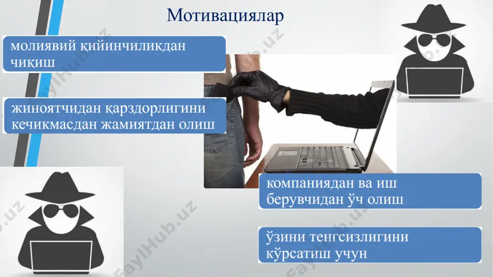 ларга қонун аралашувини ёқламайдилар. ўз навбатида ушбу томонлар орасидаги мунозаралар қайси турдаги ўйинларга рухсат бериш керак? улар қайерда ўтказилиши керак? деган саволлар кенг музокараларга сабаб бўлмоқда. ҳозирда аксарият давлатларда бу турдаги ўйинларга қонуний рухсат берилган бўлса, қолганларига қатъий чекловлар мавжуд. компьютерлан фойдаланиш этикалари компьютер этикаси институти нотижорий ташкилот бўлиб, вазифаси технологияни ахлоқий нуқта назардан тарғиб қилишдир. ушбу ташкилот томонидан қуйидаги 10 та этика қоидалари келтириб ўтилган: • шахсий компьютерингиздан бошқаларнинг зарарига фойдаланманг . • бошқа фойдаланувчиларнинг компьютер ишларига халақит берманг . • бошқа одамларнинг компьютер файлларига қараманг . • ўғирлик учун компьютердан фойдаланманг . • ёмонлик учун компьютердан фойдаланманг . • ўзингиз пул тўлаб сотиб олмаган дастурдан фойдаланманг ва нусха кўчирманг . • бировни компьютерини рухсатсиз фойдаланманг . • бировларни интеллектуал меҳнати самарасига зарар этказманг • сиз яратган дастурни ижтимоий оқибати ҳақида ўйланг . • ўз компьютерингиздан бошқаларга нисбатан онгли ва ҳурмат билан фойдаланинг ахборотдан оқилона фойдалиниш кодекси ахборотдан оқилона …
