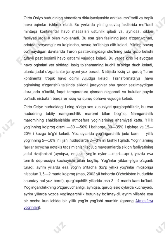 yoki issiq boʻladi, yuqoriga koʻtariladigan yogʻinli havo oqimlari, yo boʻlmasa, te-padan pastga tushadigan quruq va iliq havo oqimlari koʻproq boʻladi. issiqlikning dunyo okeanlarida turlicha taqsimlanishi va atmosfera dirkulyasiyasi tufayli dengiz oqimlarining paydo boʻlishi ham i.ni shakllantirishda muhim rol oʻynaydi. oqimlar okeanning turli qismlarida yo anomal is-siq, yoki anomal sovuq faol qatlam hosil qilib, shu orqali atmosfera dirkulyasiyasiga va bevosita dengiz ustida i. shakllanishiga taʼsir etadi. oʻrta osiyo hududining atmosfera dirkulyasiyasida arktika, moʻʼtadil va tropik havo oqimlari ishtirok etadi. bu yerlarda yilning sovuq fasllarida moʻʼtadil mintaqa kontinental havo massalari ustunlik qiladi va, ayniqsa, siklon faoliyati jadallik bilan rivojlanadi. bu esa qish faslining juda oʻzgaruvchan, odatda, seryomgʻir va koʻpincha, sovuq boʻlishiga olib keladi. yilning sovuq boʻlmaydigan davrlarida turon pasttekisligidagi choʻlning juda qizib ketishi tufayli past bosimli havo qatlami vujudga keladi. bu yerga kirib kelayotgan havo oqimlari yer sirtidagi issiq toʻshamaning kuchli taʼsiriga duch keladi, ularda jadal oʻzgarishlar jarayoni yuz beradi. natijada issiq …