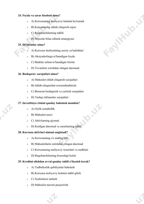 ezlashtirish 41.korxona faoliyatini kengaytirish uchun qanday strategiya eng maqbul bo'lishi mumkin? a) bozorni diversifikatsiya qilish b) faqat yangi mahsulotlar ishlab chiqarish c) raqobatchilarni yengish d) xodimlar sonini oshirish 42.korxona o'z faoliyatini kengaytirganda qanday risklar yuzaga kelishi mumkin? a) yangi bozorlarga kirishdan oldin mavjud bozorni yaxshi o'rganmaslik b) faqat reklama va marketingga sarmoya kiritish c) faqat o'z ichki tizimlarini yaxshilash d) ishlab chiqarish hajmini kamaytirish 43.korxona yangi bozorga kirishdan oldin qanday tahlilni amalga oshirishi kerak? a) bozor talabini va raqobatchilarni tahlil qilish b) xodimlar sonini oshirish c) mahsulot narxini kamaytirish d) faqat yangi mahsulot ishlab chiqarishga qaratilgan marketing 44.korxonaning faoliyatini kengaytirish uchun eng samarali moliyaviy manba qaysi? a) bank kreditlari va investorlar b) xodimlarga yuqori maosh berish c) mahsulotni faqat ichki bozorga sotish d) faqat ishlab chiqarish quvvatlarini oshirish 45.bozorni diversifikatsiya qilishda eng muhim element qaysi? a) mahsulot yoki xizmatni yangi bozorga olib chiqish b) faqat narxni pastga tushirish c) yangi …