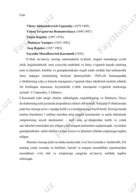 ab kelmoqda. ashula va yallalar, dostonlar va katta ashulalar, cholg’u kuylari va turkumlar, maqomlar zamonaviy nota yozuvlarida muhrlanib, abadiy yashashga hozirlandi. xx asrda o’zbek mumtoz musiqasini to’plash, yozib olish, ilmiy o’rganish va targ’ib etishda kompozitor va bastakorlar, musiqashunos olimlarning xizmatilari katta bo’lgan. ular: viktor aleksandrovich uspenskiy (1879 1949). yelena yevgenevna romanovskaya (1890 1947). yunus rajabiy (1897 1976). matniyoz yusupov (1925 1992). isoq rajabov (1927 1982). fayzulla muzaffarovich karomatli (1925). o’zbek an’anaviy musiqa namunalarini to’plash, magnit tasmalarga yozib olish, hujjatlashtirish, nota yozuvida muhrlash va ilmiy o’rganish hamda ularning nota to’plamlari, kitoblar va gramplastinkalar orqali nashr etishda san’atshunoslik ilmiy tadqiqot institutining faoliyati ahamiyatlidir. 1928-yili samarqandda o’zbeklarning xalq va klassik musiqasini o’rganish ilmiy tekshirish instituti sifatida ish boshlagan muassasa, keyinchalik o’zbek musiqasini o’rganish markaziga aylandi. v.uspenskiy, i.akbarov, f.karomatli kabi atoqli olimlar rahbarligida respublikaning va markaziy osiyo davlatlarining turli joylarida ekspeditsiya ishlari olib borildi. natijada o’zbekistonda juda boy musiqa arxivi vujudga keldi va u …