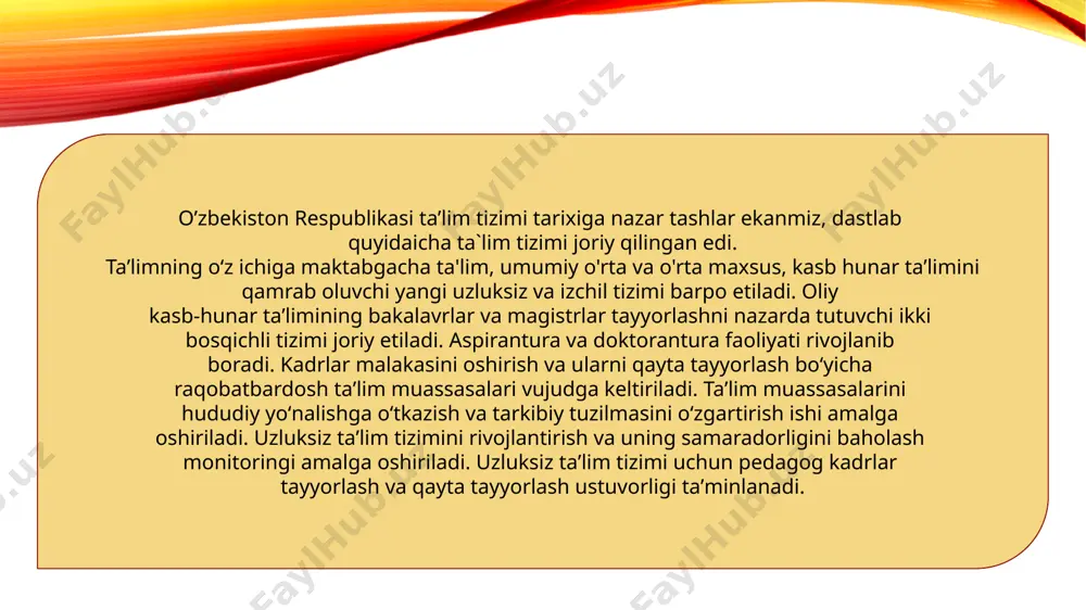 taqil fikrlash qobiliyatini rivojlantirish, tashkiliy mahorat va amaliy tajriba poydevorini qoʻyib, boshlangʻich professional yoʻnalishni va taʼlimning keyingi pogʻonasini tanlashda koʻmaklashadi. o’rta maxsus kasb-hunar ta’lim. oʻrta maxsus kasb-hunar taʼlimi kunduzgi koʻrinishda ikki yoʻnalishda akademik litseylarda va kasb-hunar kollejlarda amalga oshiriladi. oliy ta’lim universitetlar, akademiyalar, institutlar. (bakalavriat, magistratura) o’zbekiston respublikasi prezidenti i.a.karimovning 1992 yil 28 fevraldagi “respublikada yangi oliy oʻquv yurtlari tashkil etish toʻgʻrisida”gi farmoni asosida andijon davlat universiteti, buxoro davlat universiteti, qarshi davlat universiteti, namangan davlat universiteti, guliston davlat universiteti, termiz davlat universiteti, urganch davlat universiteti bir necha institut hamda ularning filialari ochildi. respublikada bugungi kunda jami 76 oliy oʻquv yurti faoliyat koʻrsatmoqda. shulardan 3tasi akademiya, 20tasi universitet, 37tasi institut, 1tasi konservatoriya, 2tasi oliy maktab (texnik, milliy raqs) va 8ta respublika, chet el oliygohlar filiallari: toshkent tibbiyot akademiyasining fargʻona va urganch, toshkent tibbiyot pediatriya institutining va instituti nukus filiallari, rossiyaning i.gubkin nomidagi neft va gaz universiteti, m.lomonosov nomidagi moskva davlat universiteti …