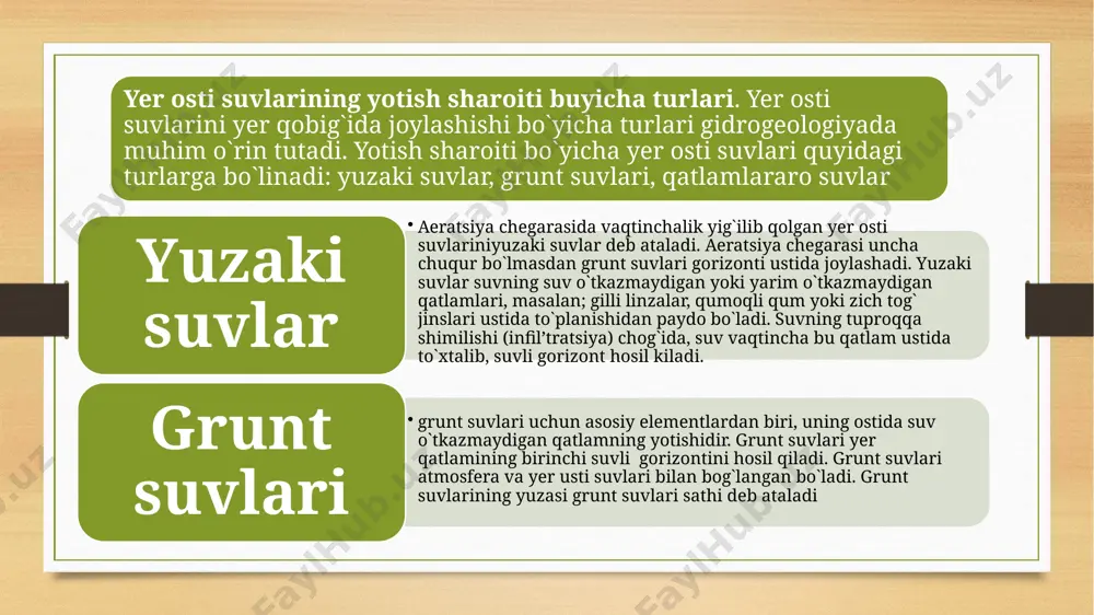 ashtirilgan yondashuv yetishmaydi, natijada ularning tabiiy holati buzilmoqda. o‘zbekiston – ichkarida yopiq, qurg’oqchil kontinent iqlimiga ega markaziy osiyo davlati boʻlib, uning umumiy maydoni 448,978 km² ni tashkil etadi. aholi soni 37 millionga yaqinlashgan, shuning 80 % dan ortig’i qishloq xududlarda yashaydi. iqlim sohilbo‘yi yoki tog’li hududlarga qaraganda cho‘l va yarim cho‘l sharoitlariga to‘g’ri keladi: yillik yog’in miqdori shimolda 300–400 mm, janub va cho‘l mintaqalarda 100–150 mm atrofida. bunday past yog’in darajasi va yuqori bug’lanish (yillik 1 200 mm atrofida) suvlash manbalari uchun muhim «to‘ldiruvchi» omil sifatida yer osti suvlarining ahamiyatini oshiradi qishloq xo‘jaligi – mamlakat iqtisodiyotining etakchi sohasi bo‘lib, bugungi kunda ichimlik, sanoat, sug’orish va boshqa ehtiyojlar uchun yer osti suvlaridan tortib olinadigan suv hajmi o‘rtacha 12 km³ ga yetadi. shu bilan birga, tabiiy suv omborlari (dengiz va sel sathi) yo‘qligi, boburshan va amudaryo daryolaridan keladigan yuzaki suv miqdorining cheklanganligi – barcha vodiylar va cho‘l zonasida yer osti suvlariga bo‘lgan …