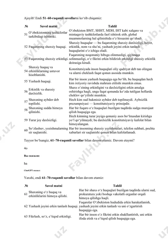 tlar tizimidagi faoliyati bo‘lib, u mustaqillik, tenglik, aralashmaslik kabi prinsiplar asosida olib boriladi. 43 o‘zbekiston xalqaro huquqning to‘la huquqli subyekti sifatida hisoblanishi. o‘zbekiston mustaqil davlat sifatida xalqaro shartnomalarni tuzish, diplomatik aloqalarni yo‘lga qo‘yish huquqiga ega. 44 tashqi siyosatning asosiy prinsiplari tizimi. mustaqillik, tenglik, kuch ishlatmaslik, ichki ishlarga aralashmaslik, xalqaro huquq normalariga rioya qilish — asosiy prinsiplardir. 45 davlatlarning suveren tengligi. har bir davlat ichki va tashqi siyosatini mustaqil olib boradi, boshqa davlatlar bilan teng huquqli subyekt sifatida munosabatda bo‘ladi. 46 kuch ishlatmaslik va kuch bilan tahdid qilmaslik prinsipi. bu xalqaro huquqning asosiy prinsiplaridan biri bo‘lib, har qanday mojaro faqat tinch yo‘l bilan hal qilinishi kerak. 47 chegaralar daxlsizligi e’tirof etilishi. davlat chegaralari xalqaro shartnomalar asosida belgilanadi va boshqa davlatlar tomonidan buzilmasligi lozim. 48 nizolarni tinch yo‘l bilan hal qilishning ahamiyati. nizolar muzokara, vositachilik, arbitraj yoki xalqaro sudlar orqali hal qilinadi, bu esa tinchlik va barqarorlikni ta’minlaydi. 49 boshqa davlatlarning ichki …