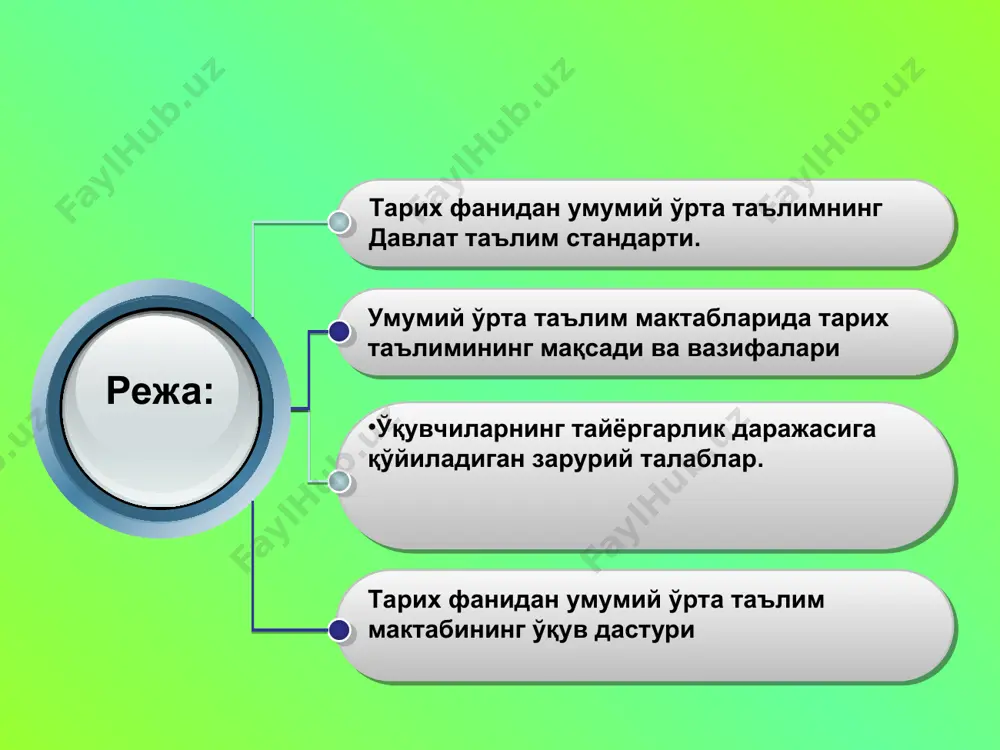 й кўникмалар эмас, кўпроқ академик билимлар беришга йўналтирилган. * dars nima умумий ўрта таълим давлат стандартларининг таркибий қисмлари билим, кўникма ва малакалар мажмуаси таянч ўқув режа ўқув дастурлари баҳолаш тизими кўникма – ўрганилган билимларни таниш вазиятларда қўллай олиш малака – ўрганилган билим ва шаклланган кўникмаларни нотаниш вазиятларда қўллай олиш ва янги билимлар ҳосил қилиш ўқитиладиган фанлар номи, ҳажми ҳамда уларнинг синфлар бўйича тақсимоти белгиланган меъёрий ҳужжат ўқув режада белгиланган фан ҳажмининг мавзулар бўйича кетма-кетликда тақсимланиши стандарт бўйича эгалланиши лозим бўлган билим, кўникма ва малакаларни ўқувчилар томонидан ўзлаштирилишини аниқлайдиган мезон билим – ўрганилган материалларни эслаб қолиш ва қайта тушунтириб бериш давлат таълим стандартлари * амалиётга жорий этиш жараёни (1999-2003 йиллар)да дтсларининг шарҳларининг тузилиши ва мазмунида аниқланган камчиликлар ўқувчилар ўзлаштириши зарур бўлган билим, кўникма ва малакалар фақат битирувчи синфлар учун белгилаб қўйилган ўқувчиларнинг ёш, психофизиологик хусусиятлари ҳамма фанларда ҳам тўлиқ ҳисобга олинмаган билим, кўникма ва малакалар бир-биридан фарқланиб, ажратилмаган қардош тиллардаги айрим …
