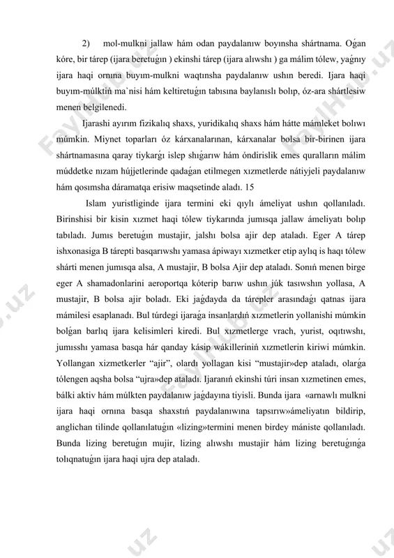 paydalanıwına tapsırıw»ámeliyatın bildirip, anglichan tilinde qollanılatuǵın «lizing»termini menen birdey mániste qollanıladı. bunda lizing beretuǵın mujir, lizing alıwshı mustajir hám lizing beretuǵınǵa tolıqnatuǵın ijara haqi ujra dep ataladı. 2.finanslıq hám operativ ijara joqarıda keltirilgenlerden kórinip turıptı, olda, ijara hám lizing qatnaslarında málim parıqlanishlar bar. ijara esabın júrgiziwdiń hasası bolǵan 6 -san “ijara esabı” bhmsda ijaraǵa berilgen tariyp lizingge berilgen tariyp menen aynan birdey. normativ-huqıqıy hújjetlerde ijaraǵa beriletuǵın birden-bir tariyp islep shıǵilıwı kerek. byudjet shólkemleri o 'zlarining waqtınsha paydalanilmayotgan molmulkini basqa shólkemlerge ijaraǵa beriwleri múmkin. waqtınsha paydalanilmayotgan ımaratlar, imaratlar (olardıń ayırım bólimleri da ), islep shıǵarıw úskeneleri, bólmeler, transport quralları vaboshqa uzaq múddetli aktivlami, eger nızam menen ulami ijaraǵa beriw qadaǵan etilmegen bolsa, ijaraǵa beriledi. eger buyım-mulkni ijaraǵa beriw kórsetiletuǵın xızmetlerdiń kólemi azayıwına yamasa sapası jamanlasıwına sebep bolsa yamasa tiykarǵı iskerligi bo 'yicha ǵárejetler kóbeyiwine yamasa bul názerde tutılǵan finanslıq támiynlew buyım-múlkin ijaraǵa beriw múmkin emes. ijaranıń subektleri: ijaraǵa beretuǵın -bul yuridikalıq …