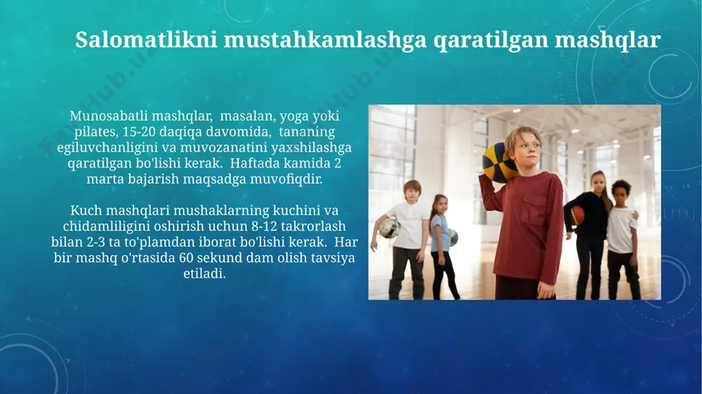 imal og’irlik) va tezlik-kuch (plyometrik testlar) kabi parametrlarni o’lchash orqali 5 turli mashq bajarishni o’z ichiga olgan test qo’llanilishi mumkin. moslashuvchanlikni baholashda, sit-and-reach testi kabi standartlashtirilgan testlar yordamida oyoqning uzunligi va egiluvchanlik darajasini aniqlash orqali 3 ta asosiy ko’rsatkichni hisoblash mumkin. sport o'yinlari sport oʻyinlari darslarida har bir oʻquvchining yutuqlarini baholash uchun 10 ballli tizim yoki rubrikalar qoʻllanilib, texnika, taktika va jismoniy tayyorgarlik koʻrsatkichlari hisobga olinadi. basketbol, futbol va voleybol kabi sport oʻyinlarida jamoaviy ishlash, 3-5 kishidan iborat guruhlarda strategiya ishlab chiqish va muvofiqlashtirish koʻnikmalarini rivojlantirishga e'tibor qaratiladi. jismoniy tarbiya darslarida qo'llaniladigan usullar jismoniy tarbiya darslarida 30 dan ortiq turli mashqlar, jumladan, yugurish, sakrash va kuch mashqlari, yosh va jismoniy tayyorgarlik darajasiga qarab tanlanadi. jismoniy tarbiya darslarida salomatlikni mustahkamlashga qaratilgan, 5ta asosiy elementni (chidamlilik, kuch, tezlik, egiluvchanlik, muvozanat) rivojlantirishga qaratilgan 10-15 minutlik mashqlar majmuasi kiritiladi. o'yin uslubidagi mashg'ulotlar o'yin uslubidagi mashg'ulotlarda 5-10 yoshli bolalar uchun 3-5 ta kichik o'yinlarni birlashtirish, …
