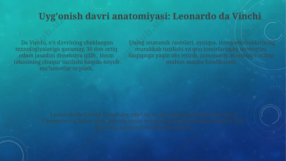 . kitobda inson skeleti, mushaklar, asab tizimi va ichki a'zolarning bir qancha yangi anatomik tasvirlari keltirilgan bo'lib, bu o'rta asr anatomiyasiga nisbatan sezilarli yutuq hisoblanadi. anatomiya va texnologiyalar kelajagi 3d-bioprinting texnologiyalari yordamida 2025-yilga borib, inson organlarining individual funksiyalariga moslashtirilgan, murakkab anatomik tuzilmalarni yaratish mumkin bo'ladi, bu esa toshkentdagi klinikalarda qo'llaniladi. katta ma'lumotlar tahlili va sun'iy intellektning anatomiya sohasidagi qo'llanilishi, 2030-yilga kelib, 10000 dan ortiq turli xil kasalliklarning aniq diagnostikasini, shu jumladan, samarqanddagi diagnostika markazlarida ta'minlaydi. genetika va anatomiyaning integratsiyasi, dunyo bo'ylab, ayniqsa, farg'ona vodiysidagi tadqiqot markazlarida, 2040-yilga kelib, shaxsiylashtirilgan tibbiyotning rivojlanishiga 10 barobar tezlashtirilgan ta'sir ko'rsatishi mumkin. qadimgi misr va mesopotamiyada anatomiya mesopotamiyada, miloddan avvalgi 1750 yillarga oid gilgameshnomasi matnlarida, kasalliklarni davolash va jarrohlik amaliyotlari haqida ma'lumotlar mavjud bo'lib, bu davr shifokorlarining tananing ba'zi tuzilmalari haqida cheklangan anatomik tasavvurga ega bo'lganligini ko'rsatadi. qadimgi misr papiruslarida, masalan, ebers papirusida (miloddan avvalgi 1550 yil), inson tanasining qismlari va ularning funktsiyalari haqida tasvirlar …